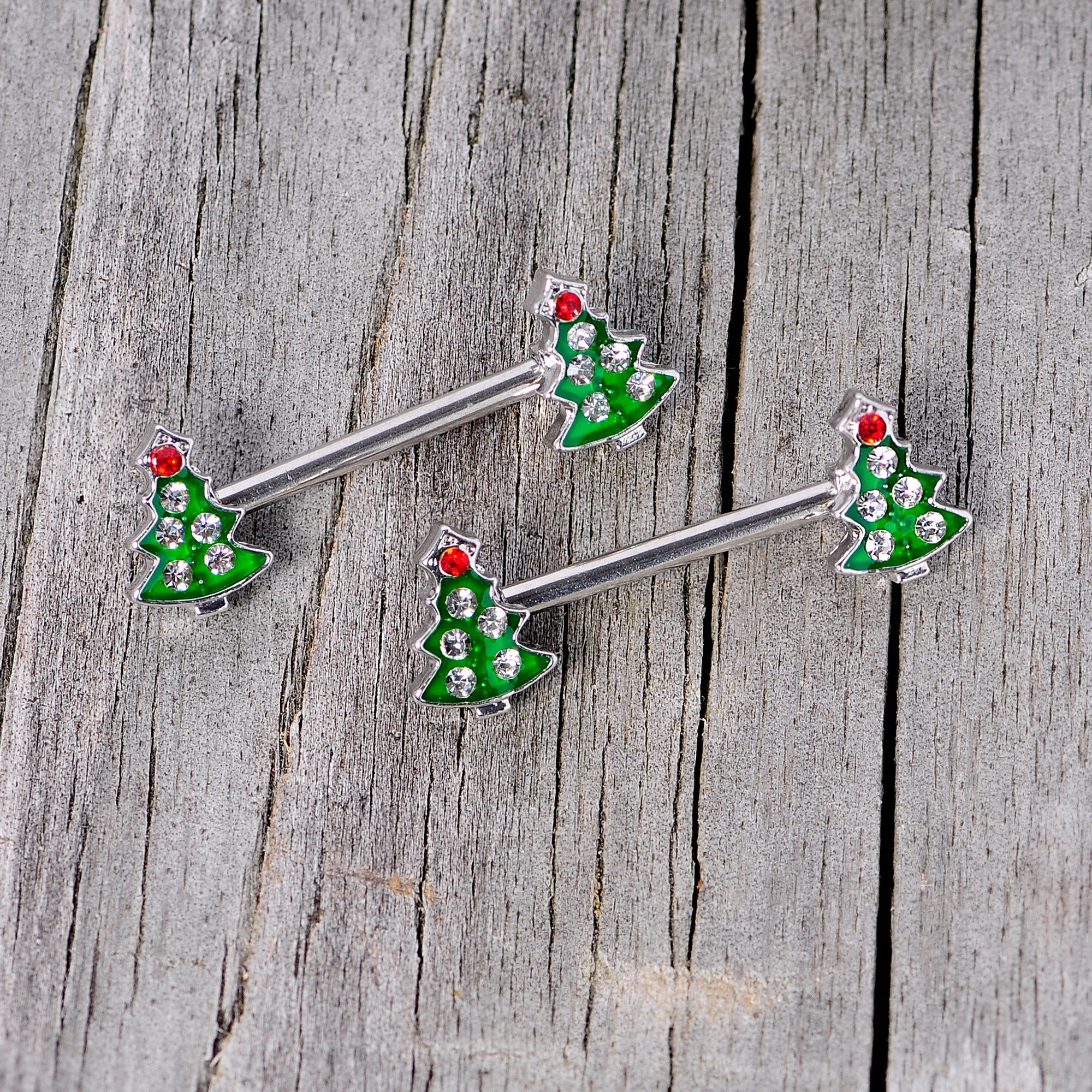 BodyCandy 14G 9/16 Clear Red Gem Christmas Tree Barbell Nipple Ring Set — back view