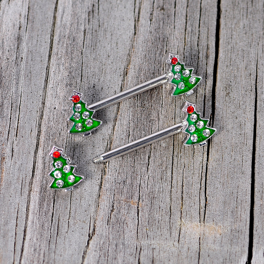BodyCandy 14G 9/16 Clear Red Gem Christmas Tree Barbell Nipple Ring Set — alternative angle