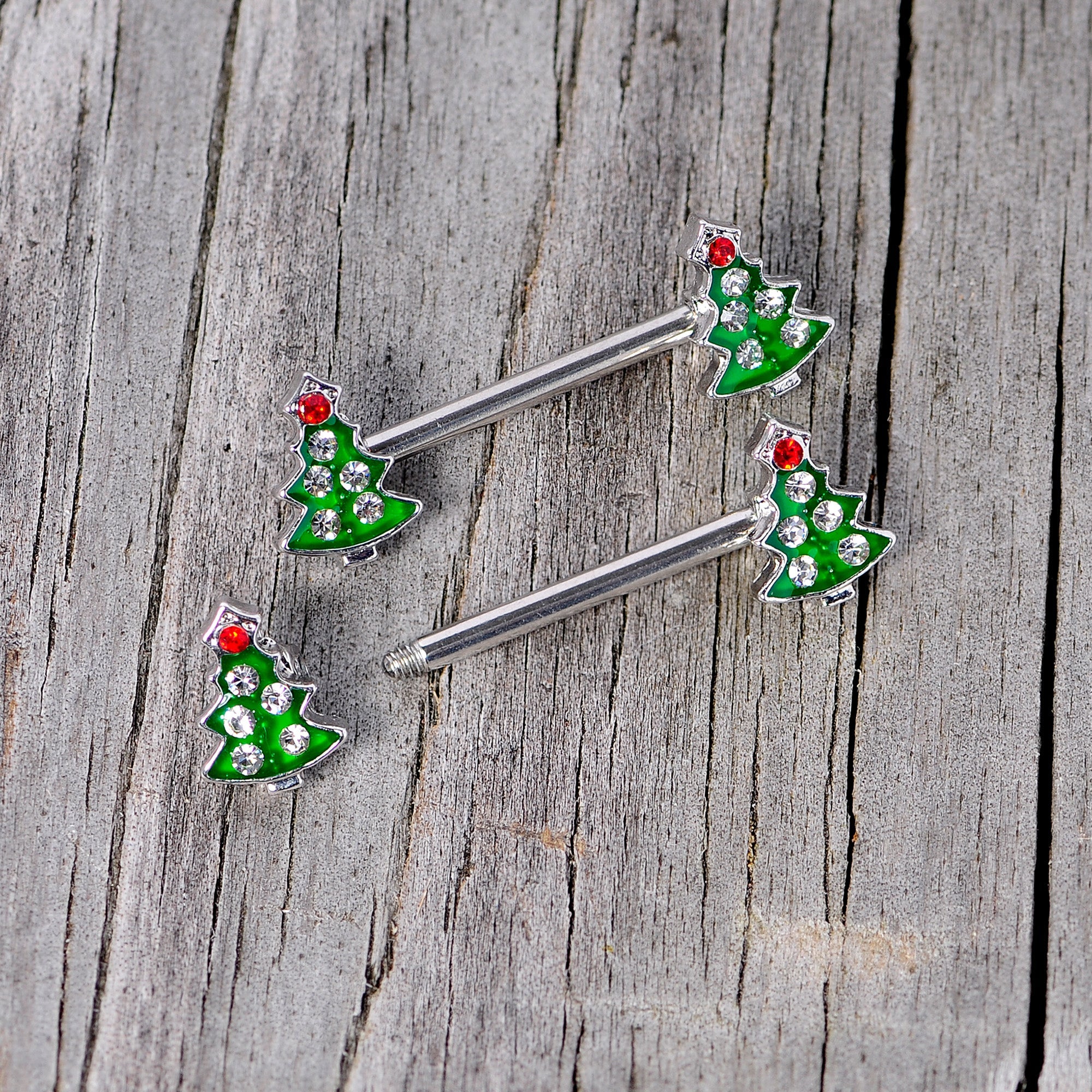 BodyCandy 14G 9/16 Clear Red Gem Christmas Tree Barbell Nipple Ring Set — alternative angle