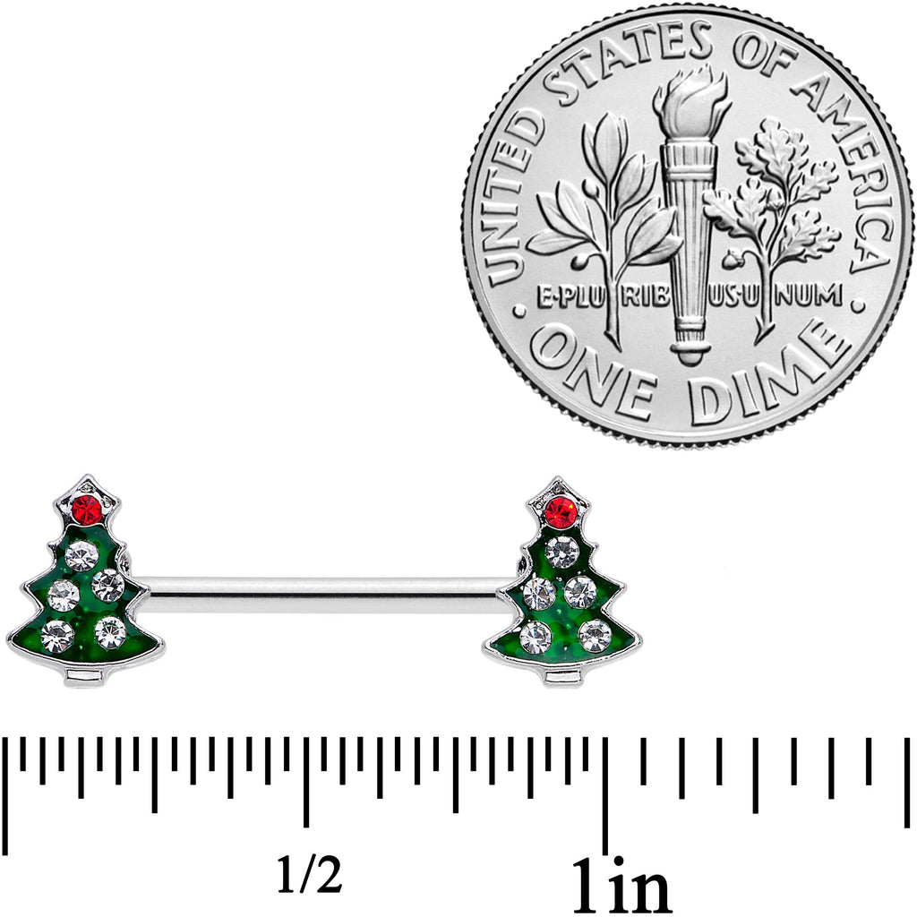 BodyCandy 14G 9/16 Clear Red Gem Christmas Tree Barbell Nipple Ring Set — in-use photo