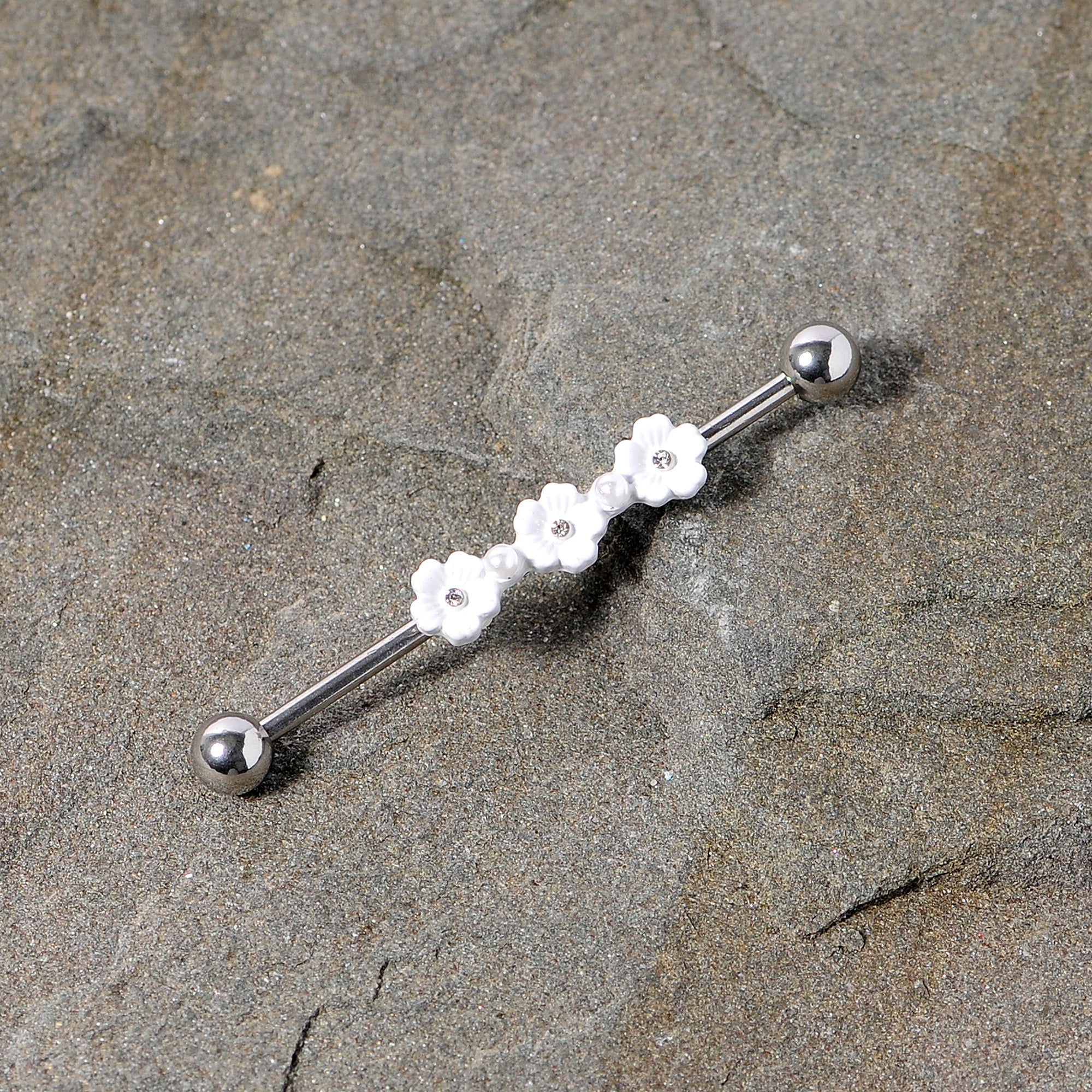 BodyCandy 14G Clear Gem White Flower Industrial Barbell 38mm — side view
