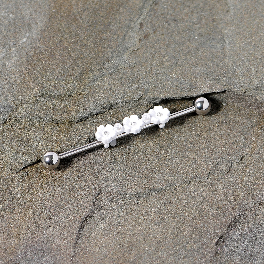 BodyCandy 14G Clear Gem White Flower Industrial Barbell 38mm — back view