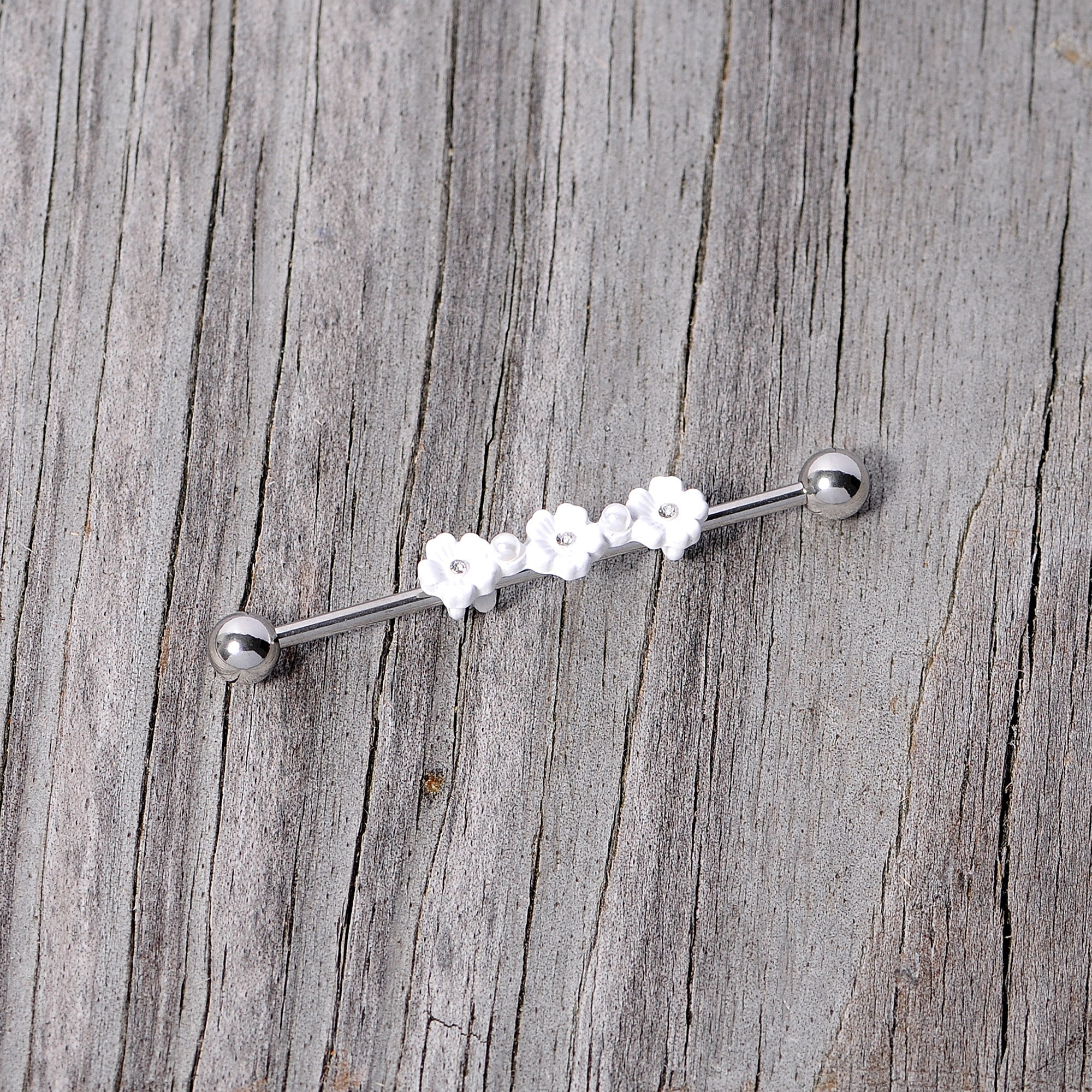 BodyCandy 14G Clear Gem White Flower Industrial Barbell 38mm — alternative angle