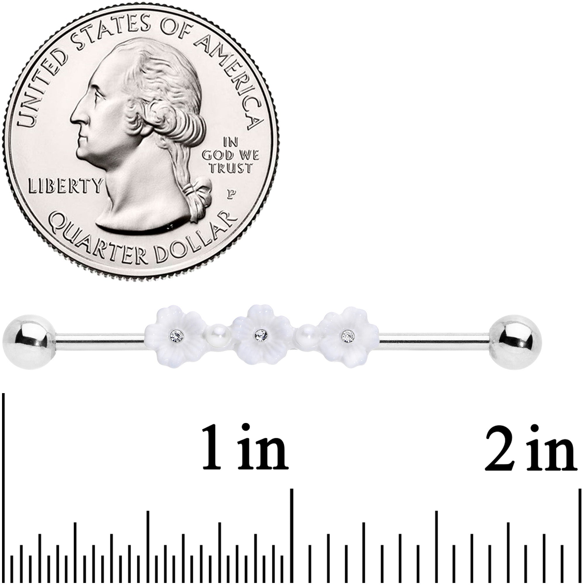 BodyCandy 14G Clear Gem White Flower Industrial Barbell 38mm — in-use photo
