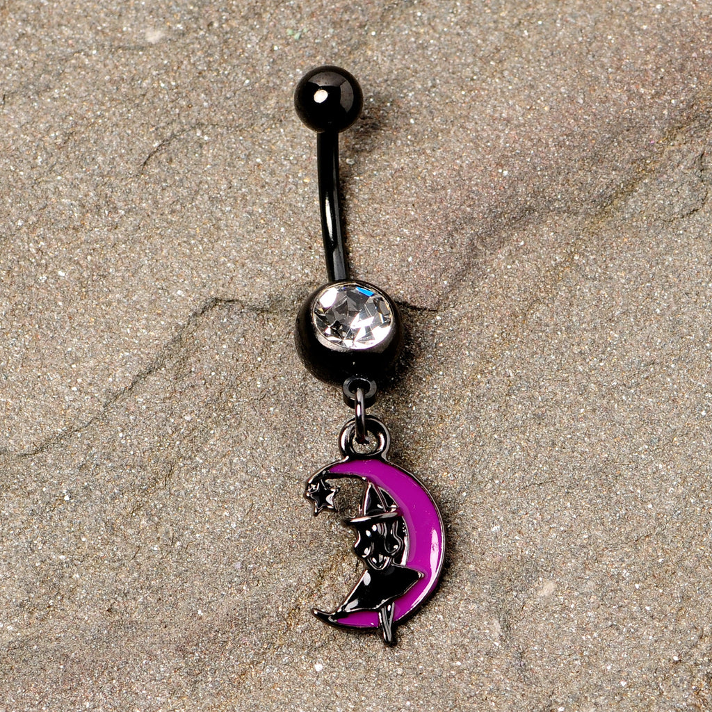 BodyCandy Pink Moon Black Witch Halloween Dangle Belly Ring — detail close-up