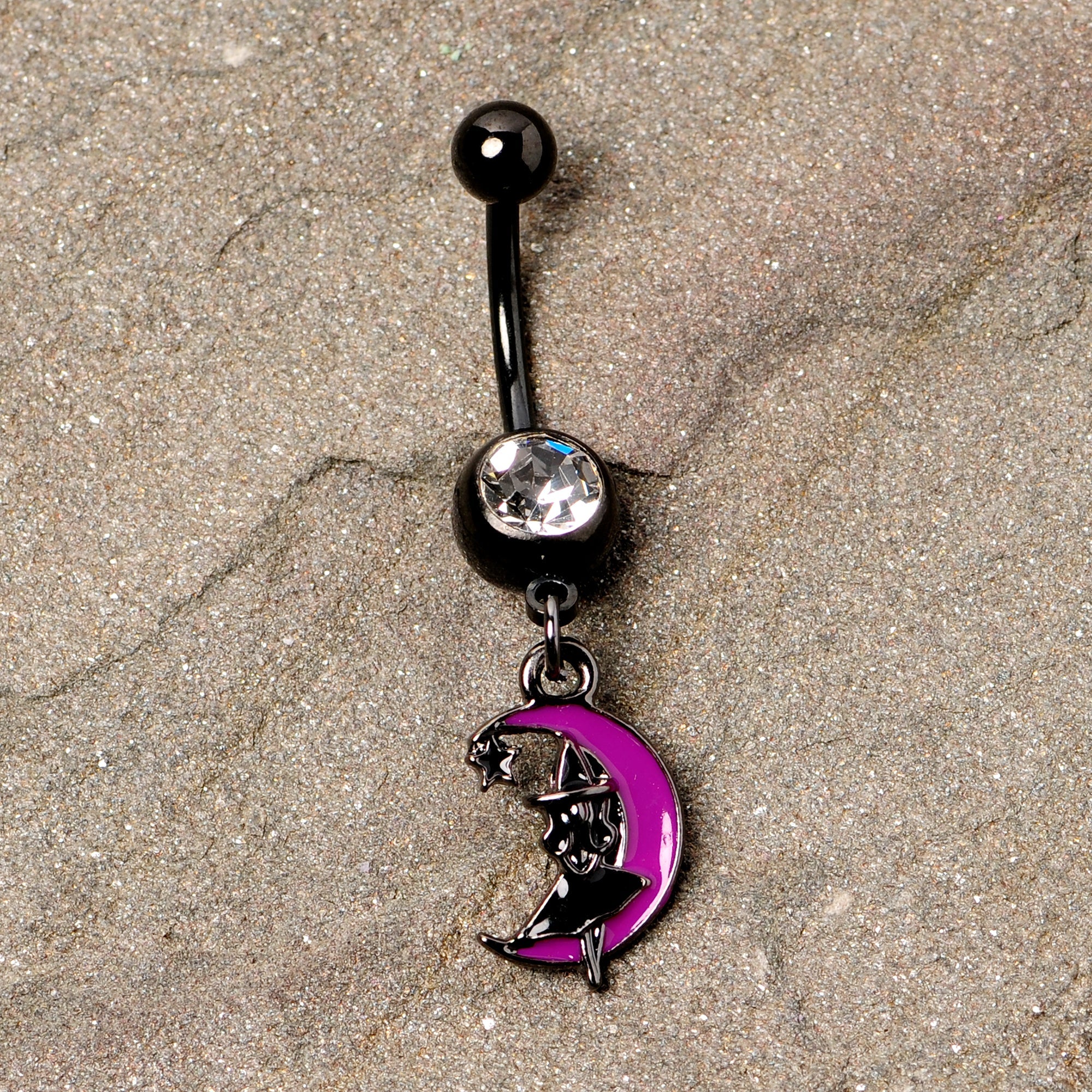 BodyCandy Pink Moon Black Witch Halloween Dangle Belly Ring — detail close-up