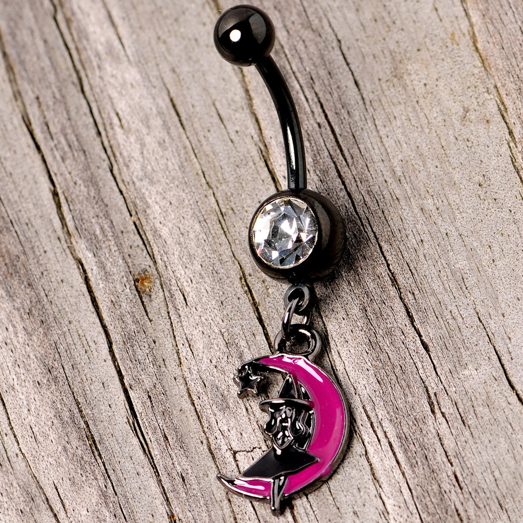 BodyCandy Pink Moon Black Witch Halloween Dangle Belly Ring — side view