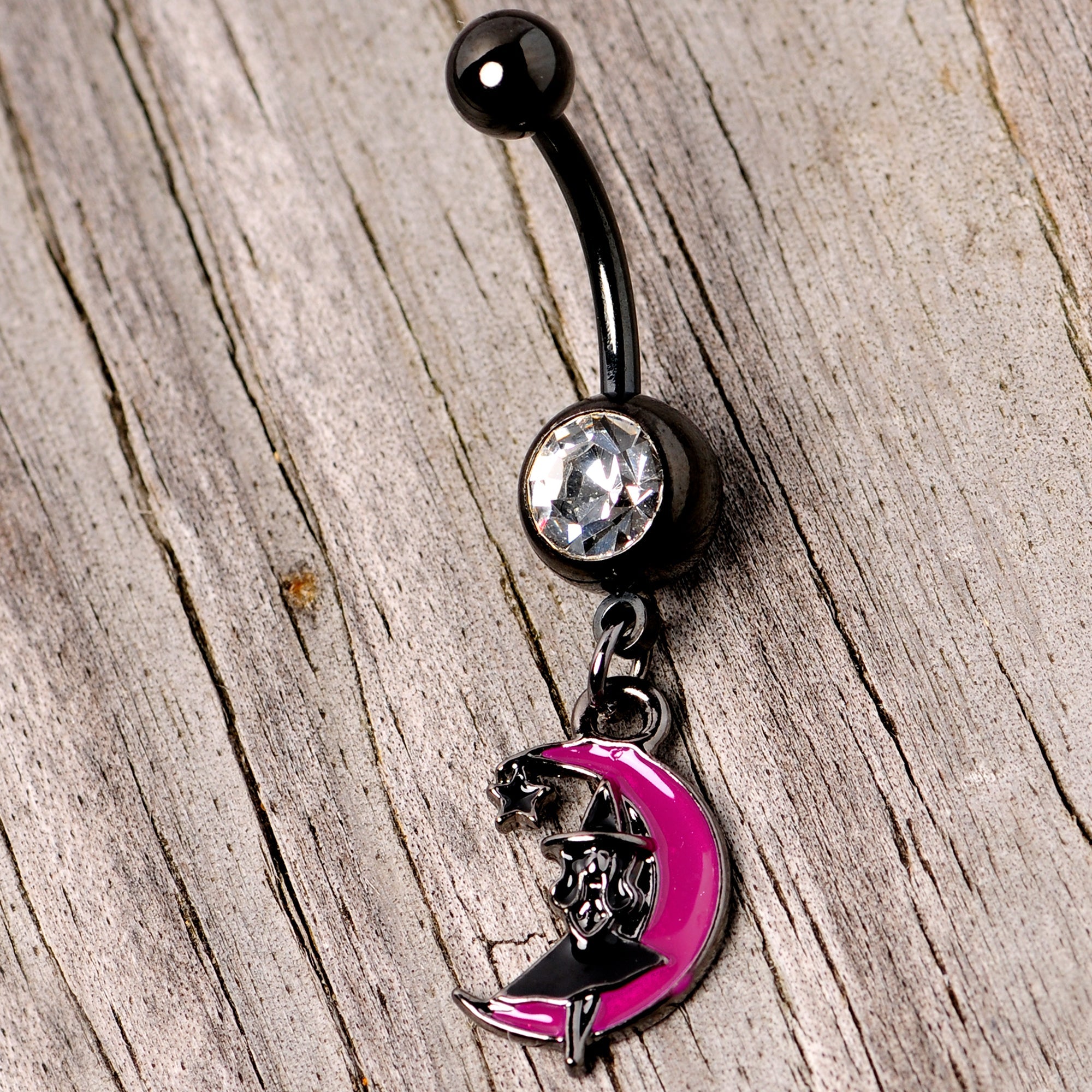 BodyCandy Pink Moon Black Witch Halloween Dangle Belly Ring — side view