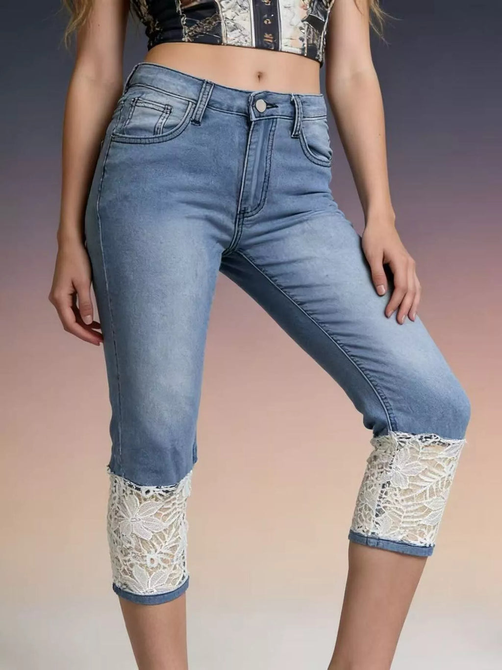 Full Size Lace Trimmed Capri Jeans Plus Size