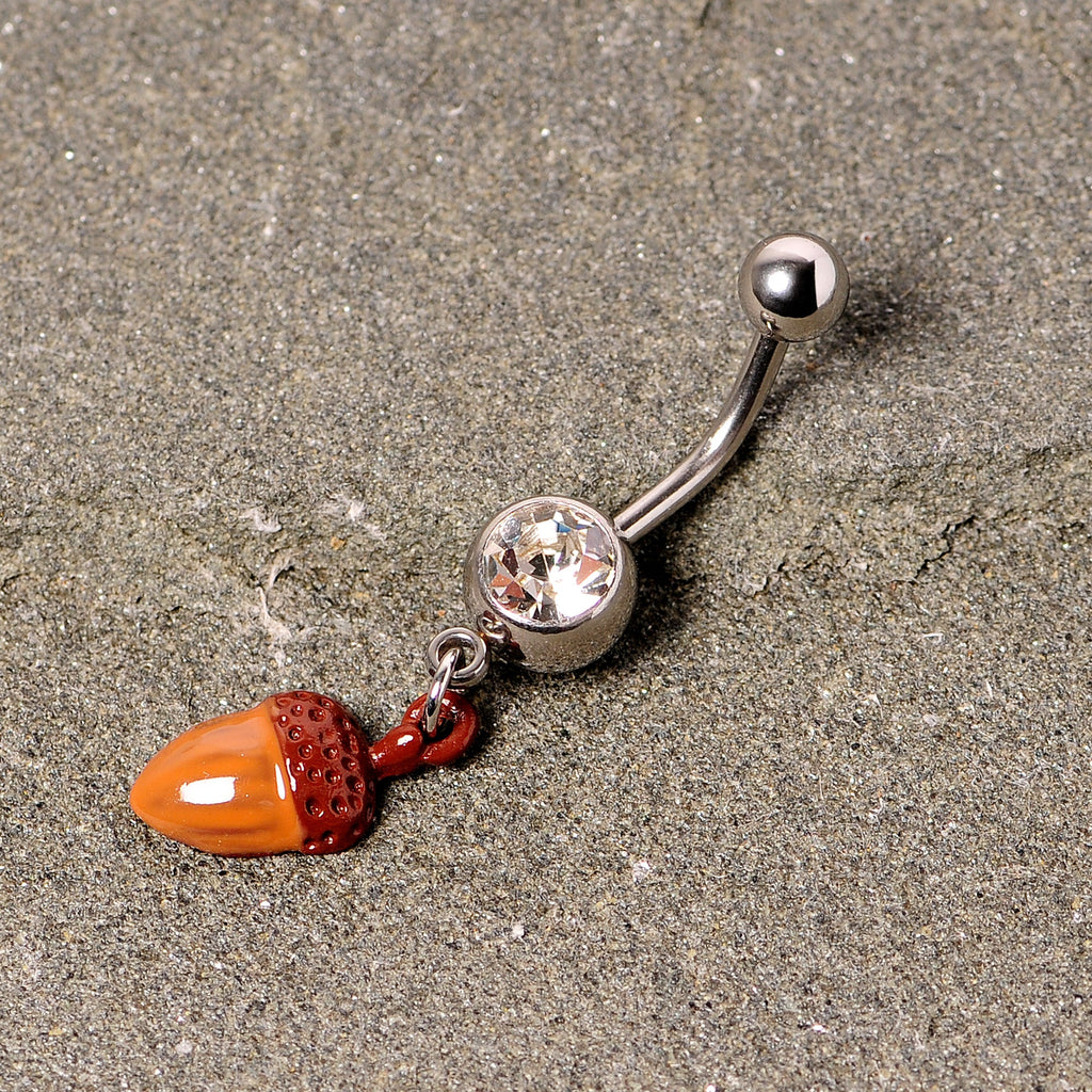 BodyCandy Clear Gem Brown Autumn Acorn Dangle Belly Ring — lifestyle context