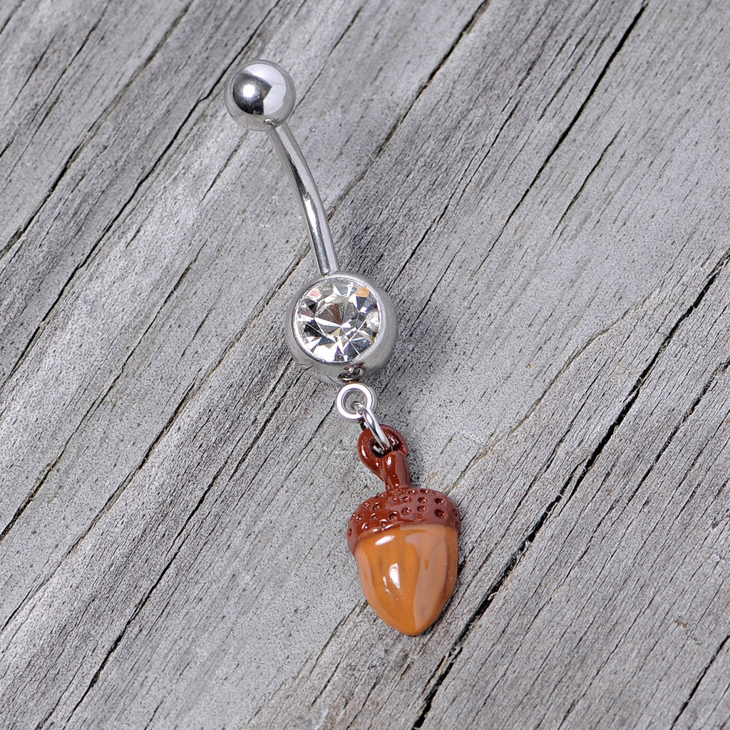 BodyCandy Clear Gem Brown Autumn Acorn Dangle Belly Ring — side view