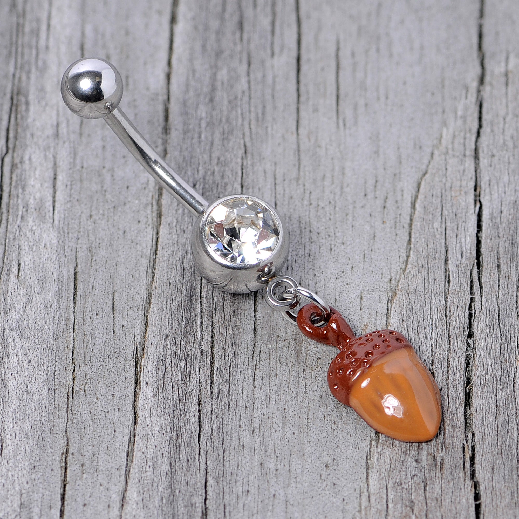 BodyCandy Clear Gem Brown Autumn Acorn Dangle Belly Ring — back view