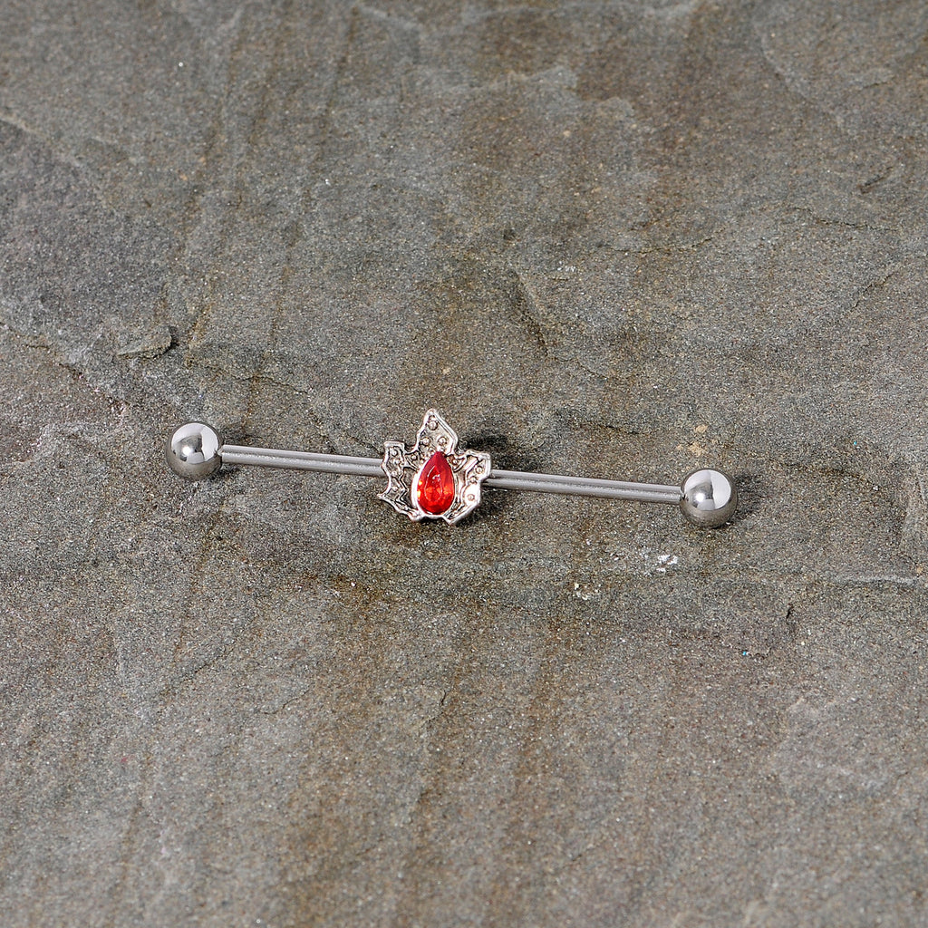BodyCandy 14G Red Gem Holiday Holly Leaf Christmas Industrial Barbell 38mm — side view
