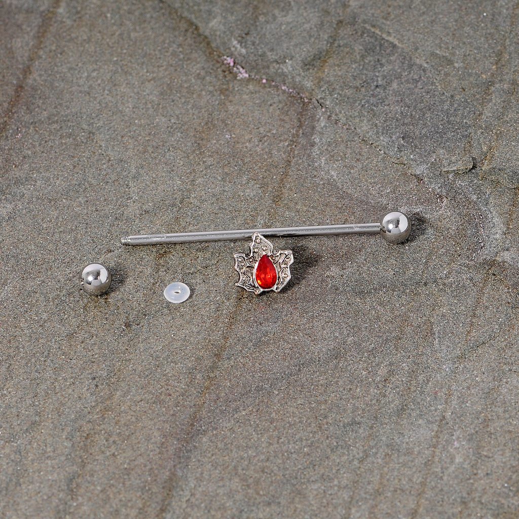 BodyCandy 14G Red Gem Holiday Holly Leaf Christmas Industrial Barbell 38mm — back view