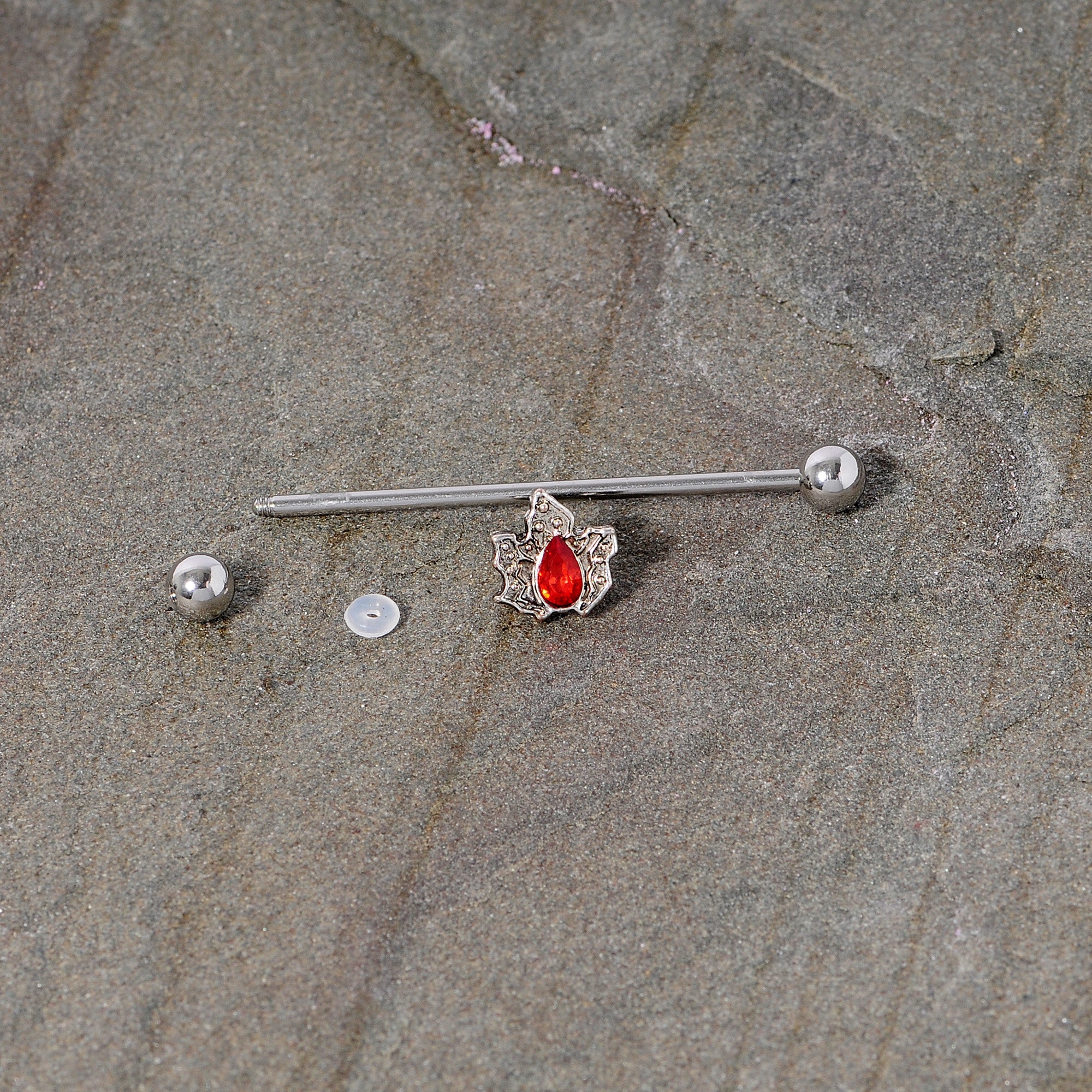 BodyCandy 14G Red Gem Holiday Holly Leaf Christmas Industrial Barbell 38mm — back view