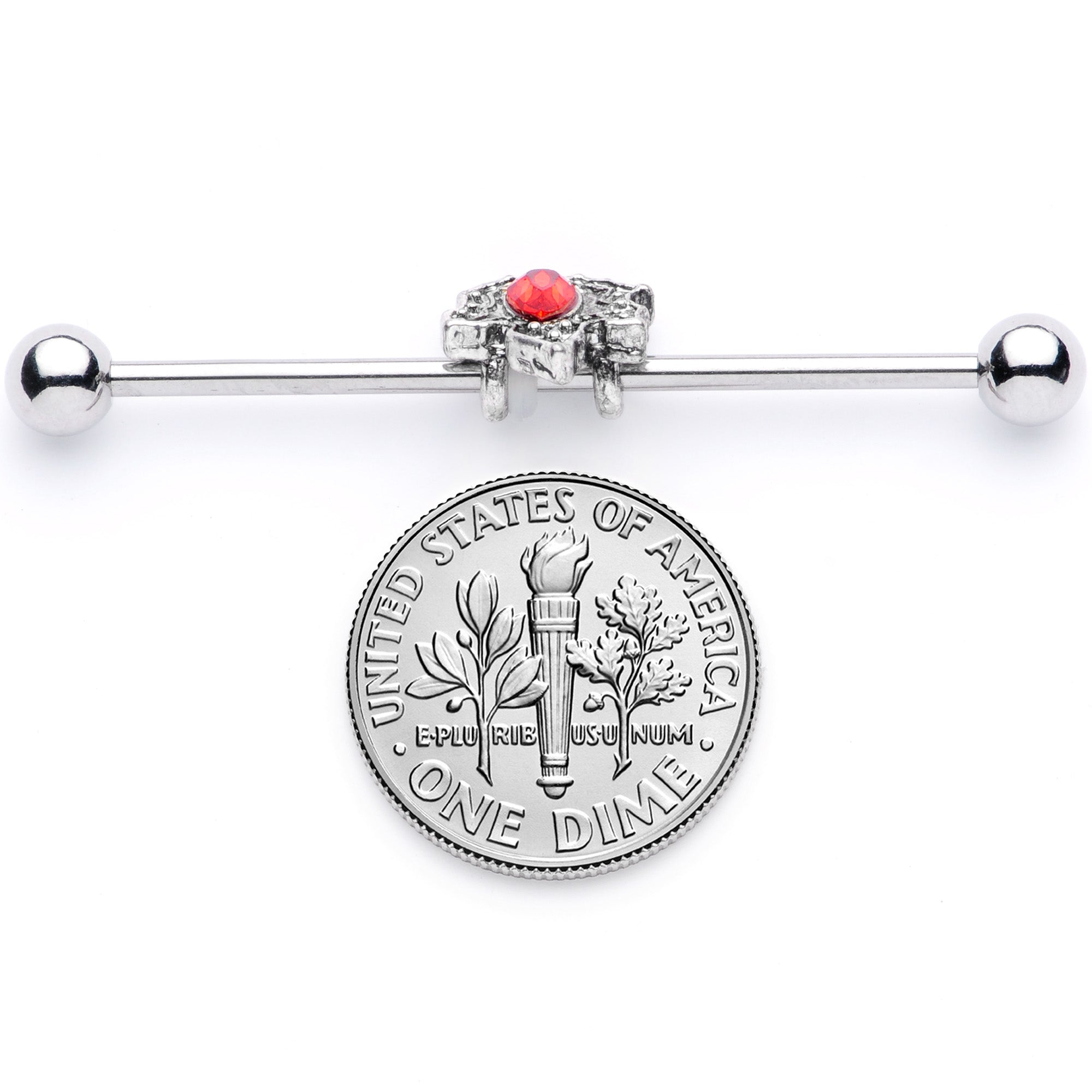 BodyCandy 14G Red Gem Holiday Holly Leaf Christmas Industrial Barbell 38mm — in-use photo