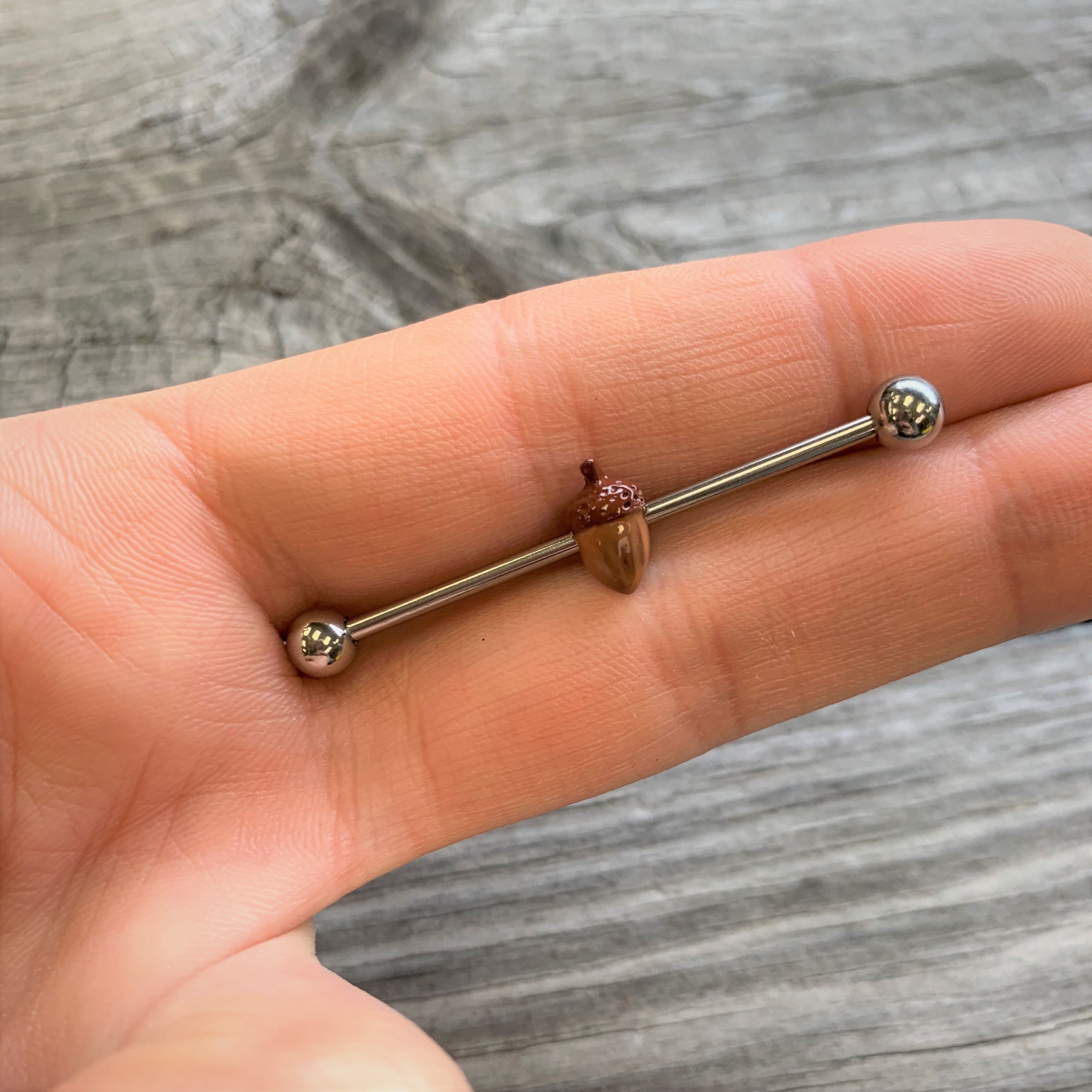 BodyCandy 14G Brown Fall Autumn Acorn Industrial Barbell 38mm — detail close-up