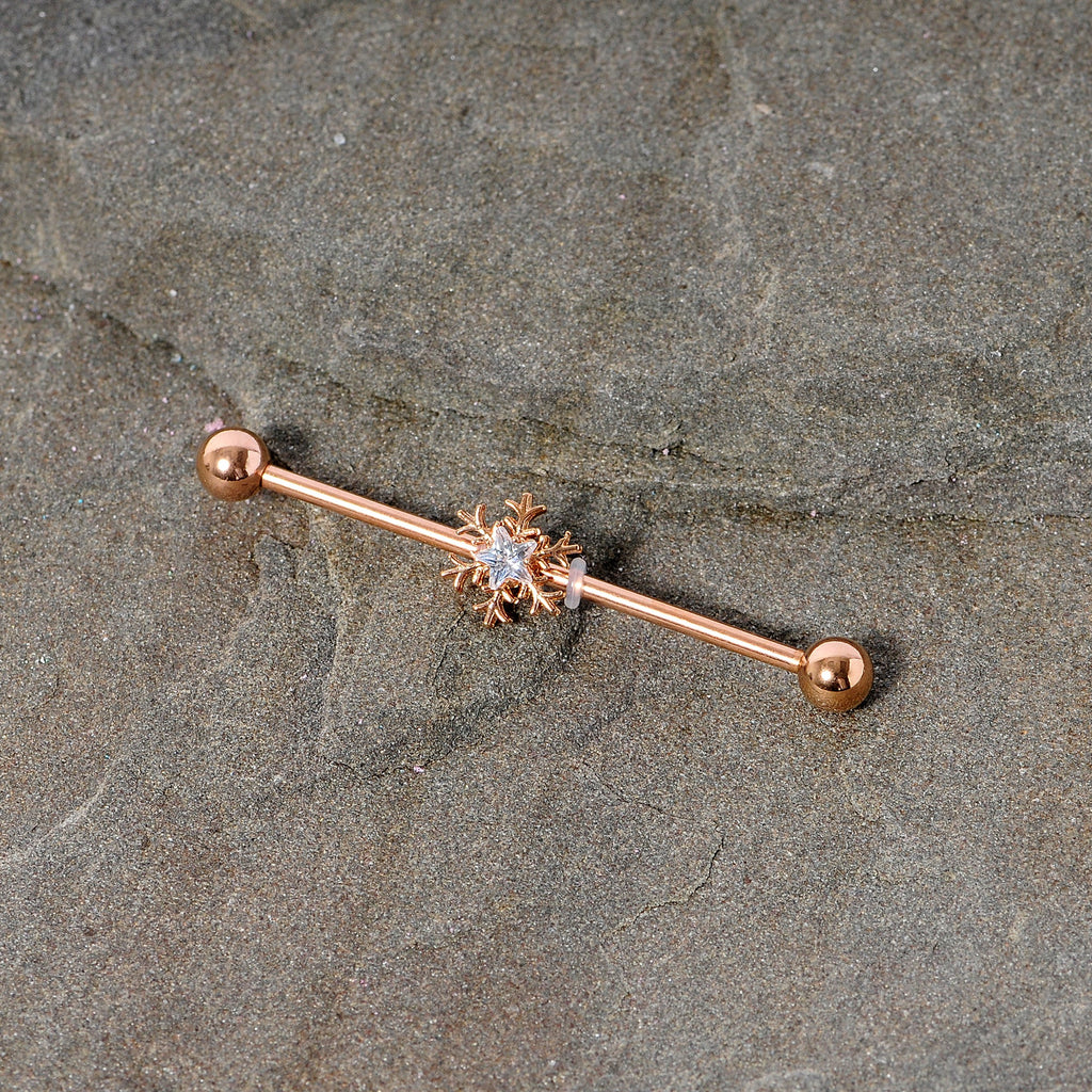 BodyCandy 14G Clear Gem Rose Gold Tone Snowflake Industrial Barbell 38mm — side view