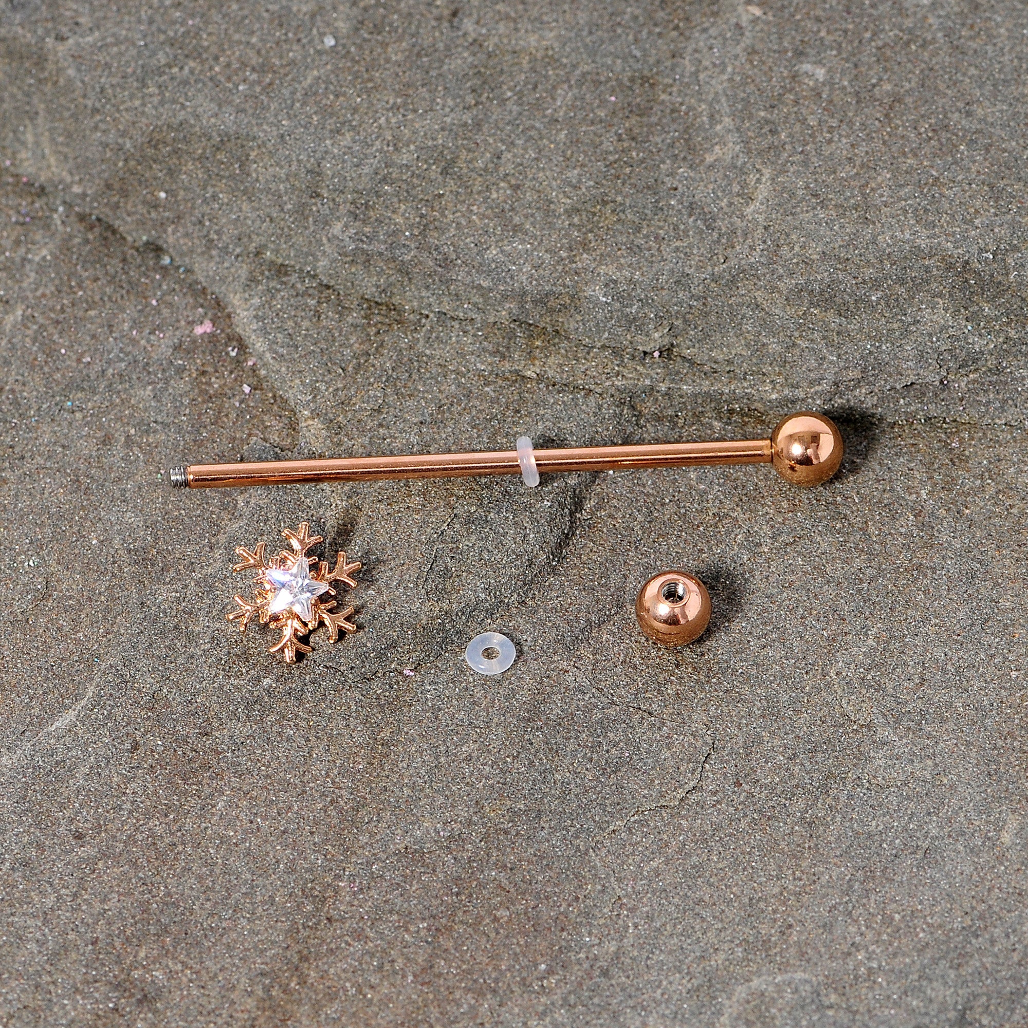 BodyCandy 14G Clear Gem Rose Gold Tone Snowflake Industrial Barbell 38mm — back view