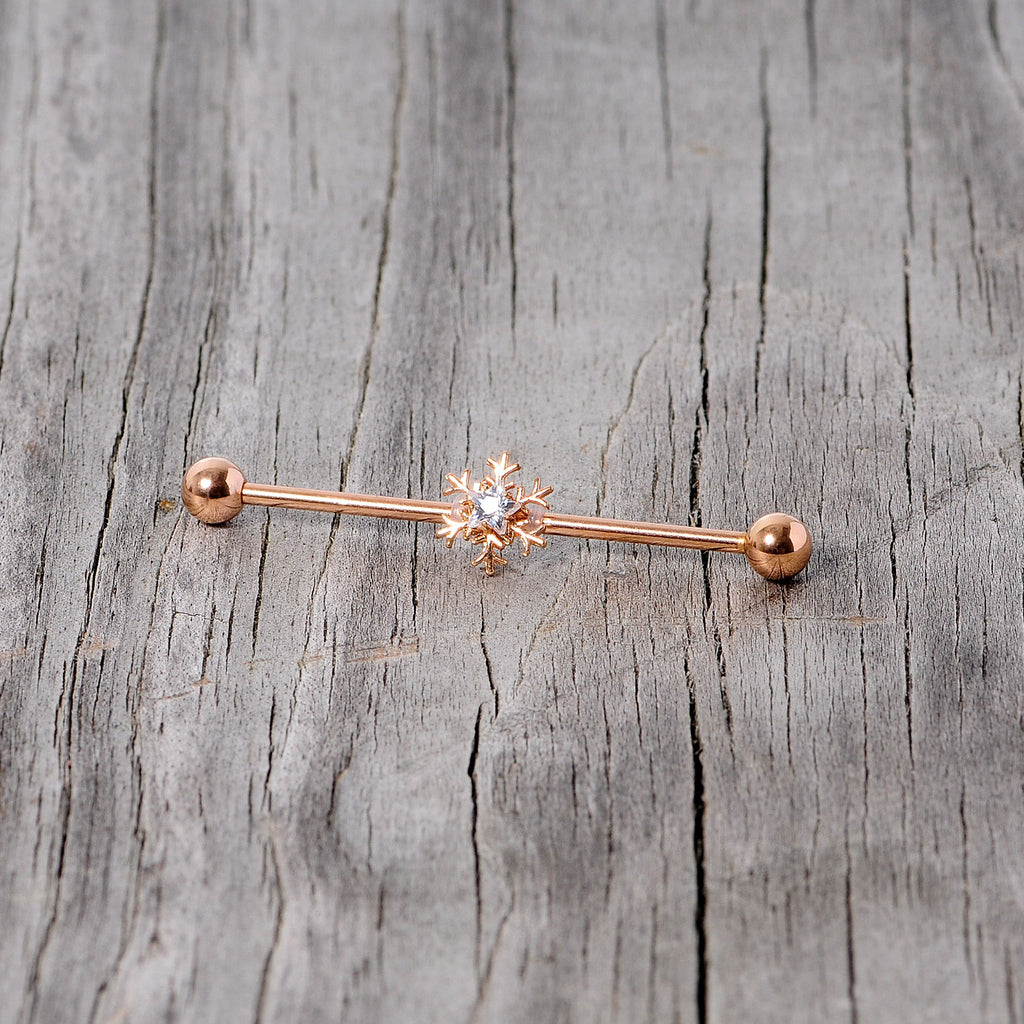 BodyCandy 14G Clear Gem Rose Gold Tone Snowflake Industrial Barbell 38mm — alternative angle