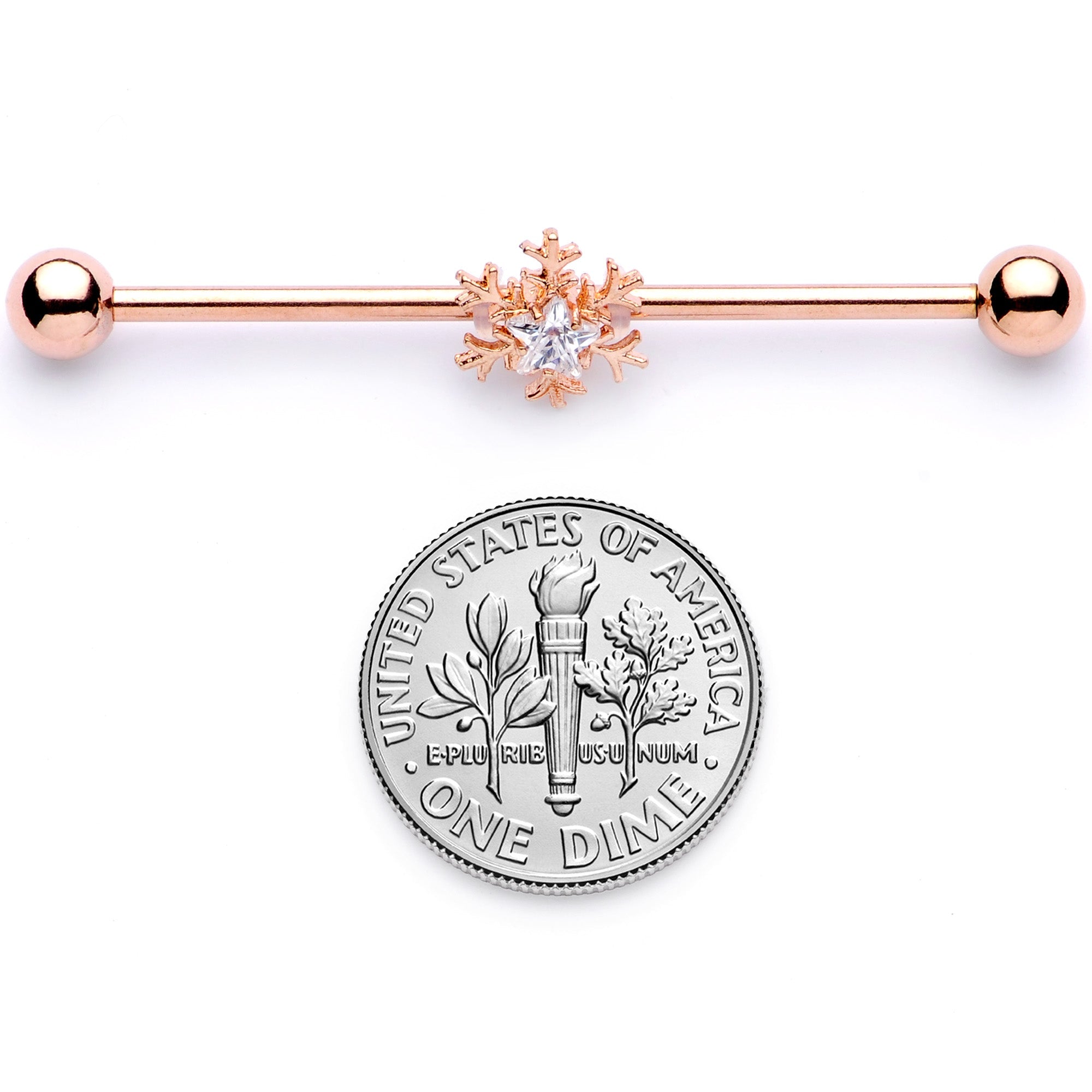 BodyCandy 14G Clear Gem Rose Gold Tone Snowflake Industrial Barbell 38mm — in-use photo