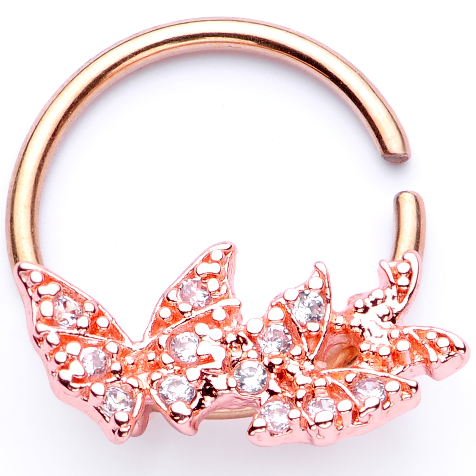 BodyCandy 16G 3/8 Clear CZ Gem Rose Gold Tone Trio Butterfly Seamless Ring — main product shot