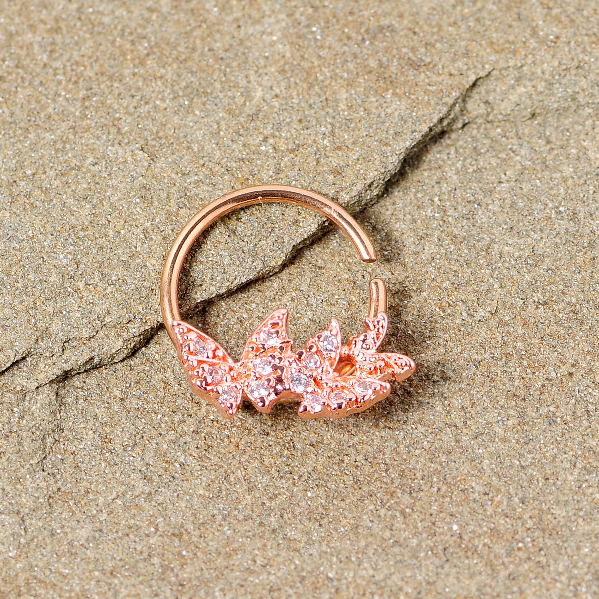 BodyCandy 16G 3/8 Clear CZ Gem Rose Gold Tone Trio Butterfly Seamless Ring — detail close-up