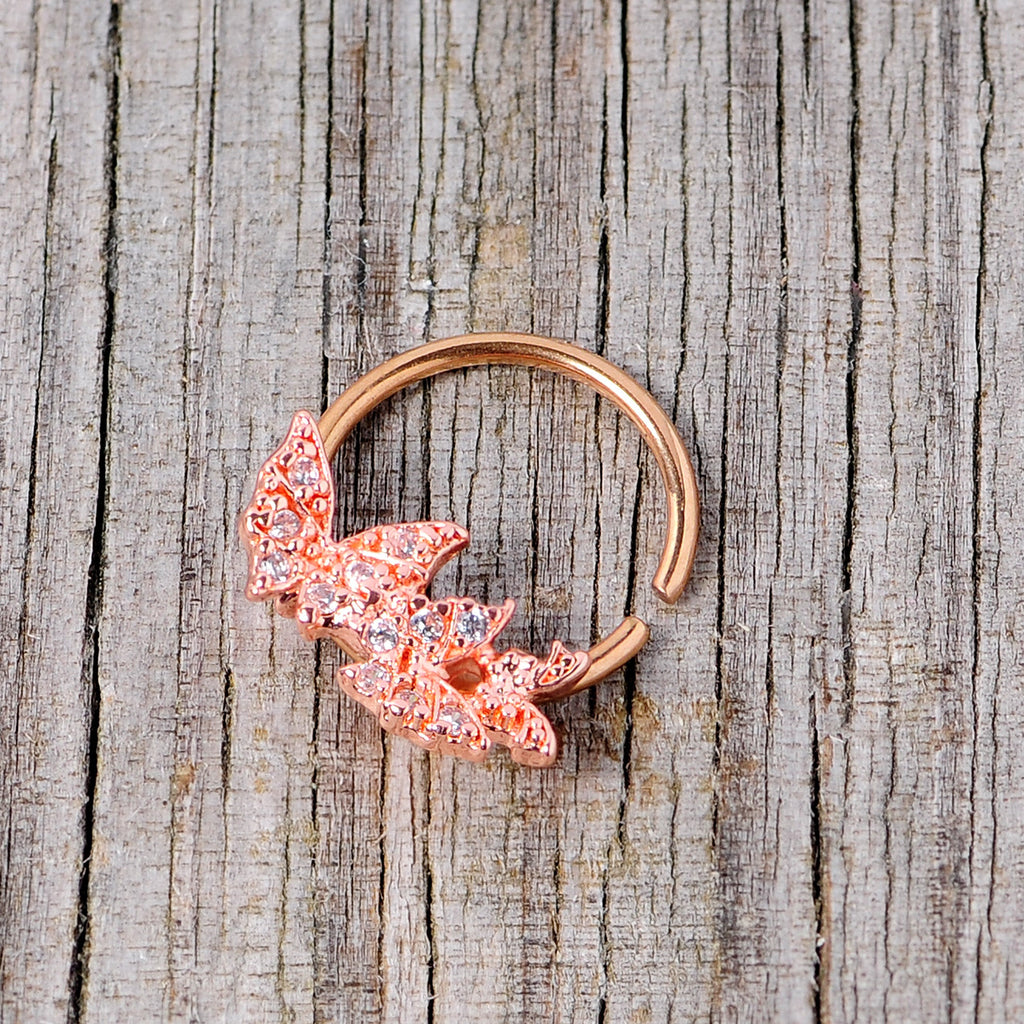 BodyCandy 16G 3/8 Clear CZ Gem Rose Gold Tone Trio Butterfly Seamless Ring — side view