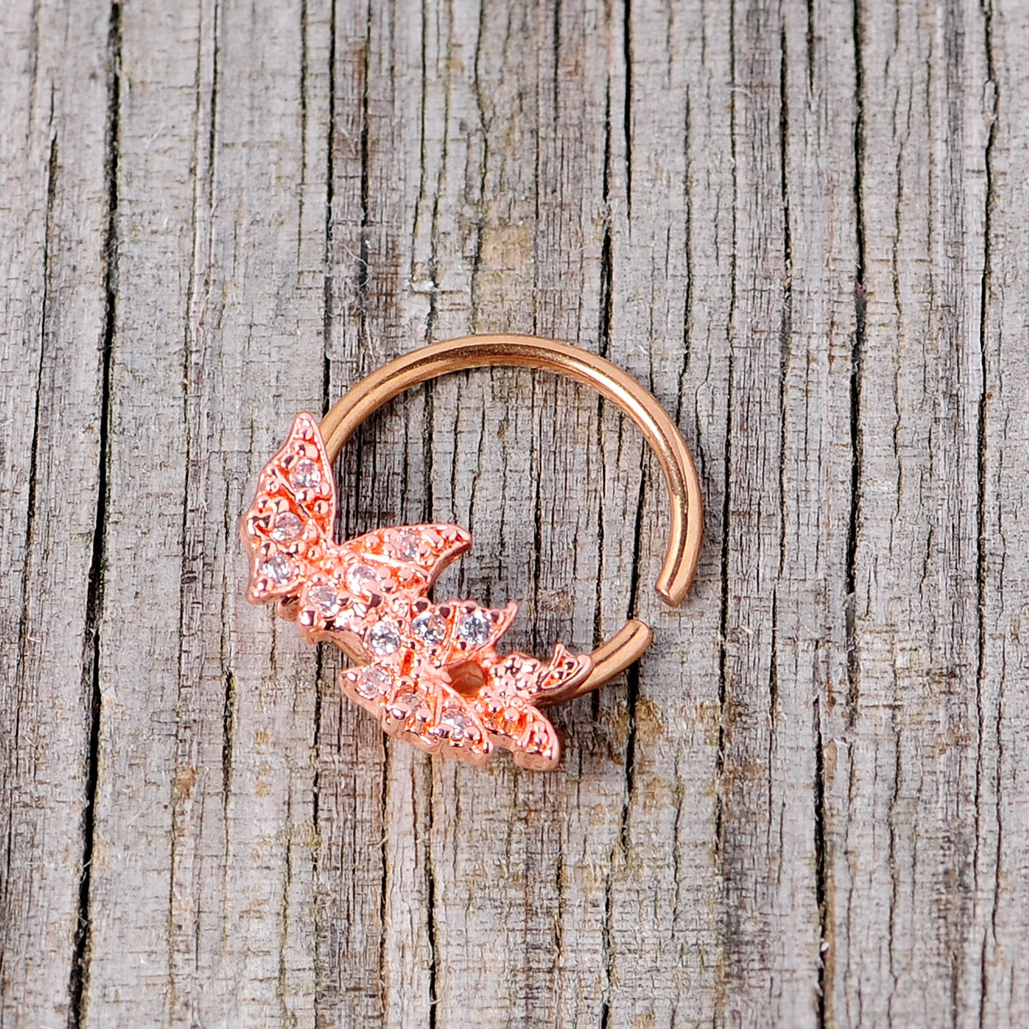 BodyCandy 16G 3/8 Clear CZ Gem Rose Gold Tone Trio Butterfly Seamless Ring — side view