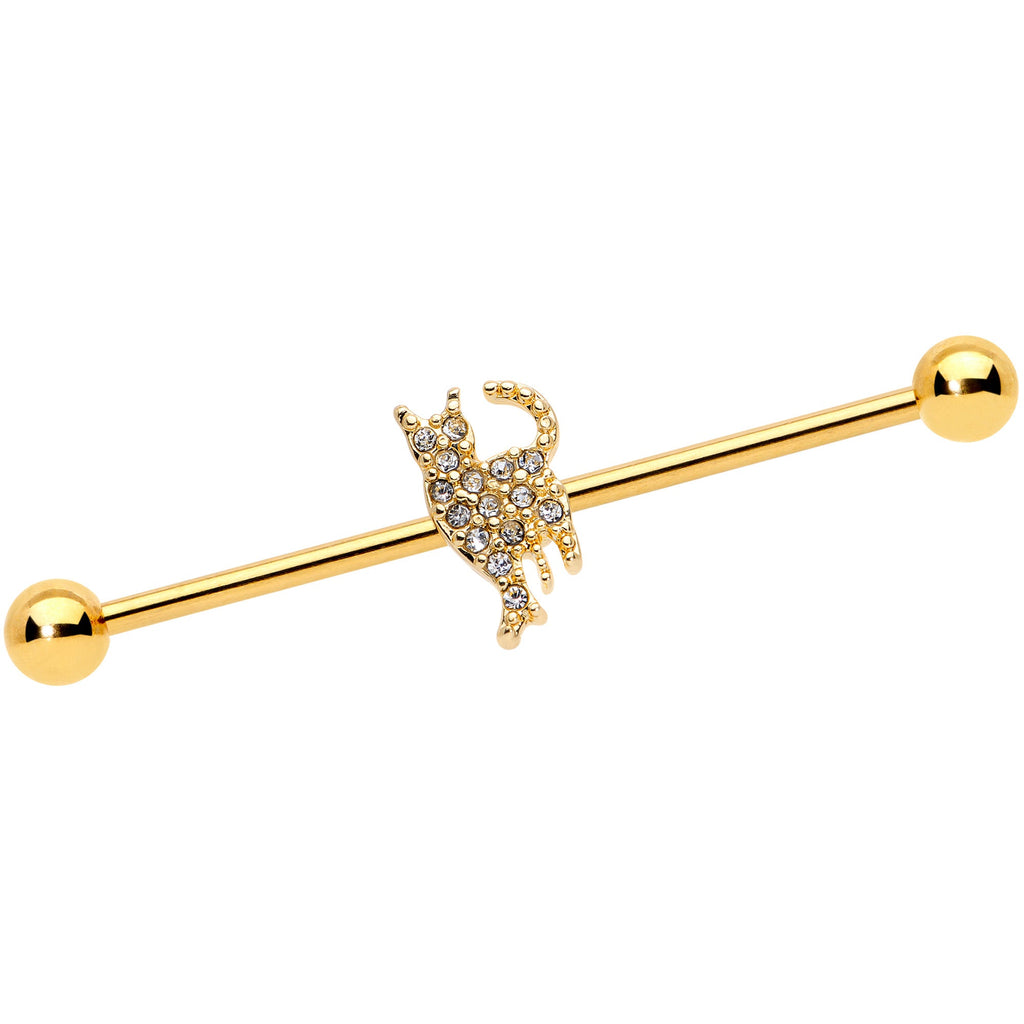 BodyCandy 14G Clear Gem Gold Tone Glamourpuss Cat Industrial Barbell 38mm — main product shot