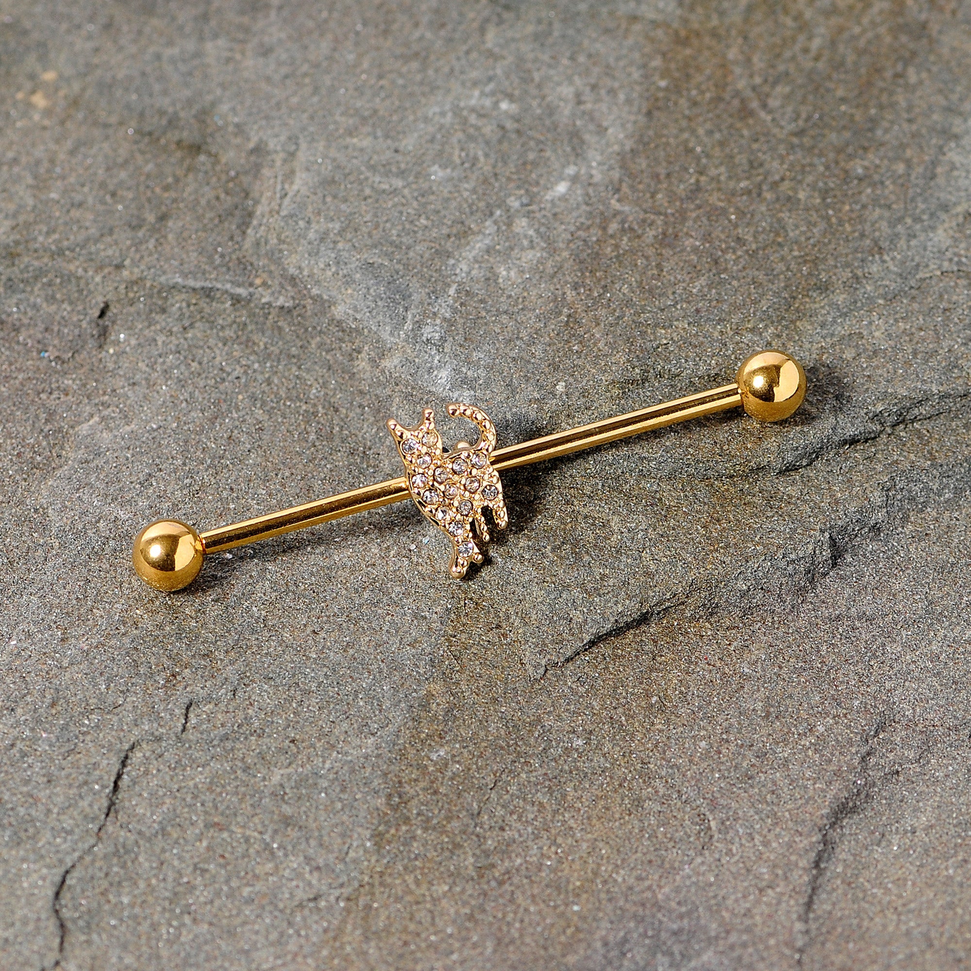 BodyCandy 14G Clear Gem Gold Tone Glamourpuss Cat Industrial Barbell 38mm — detail close-up