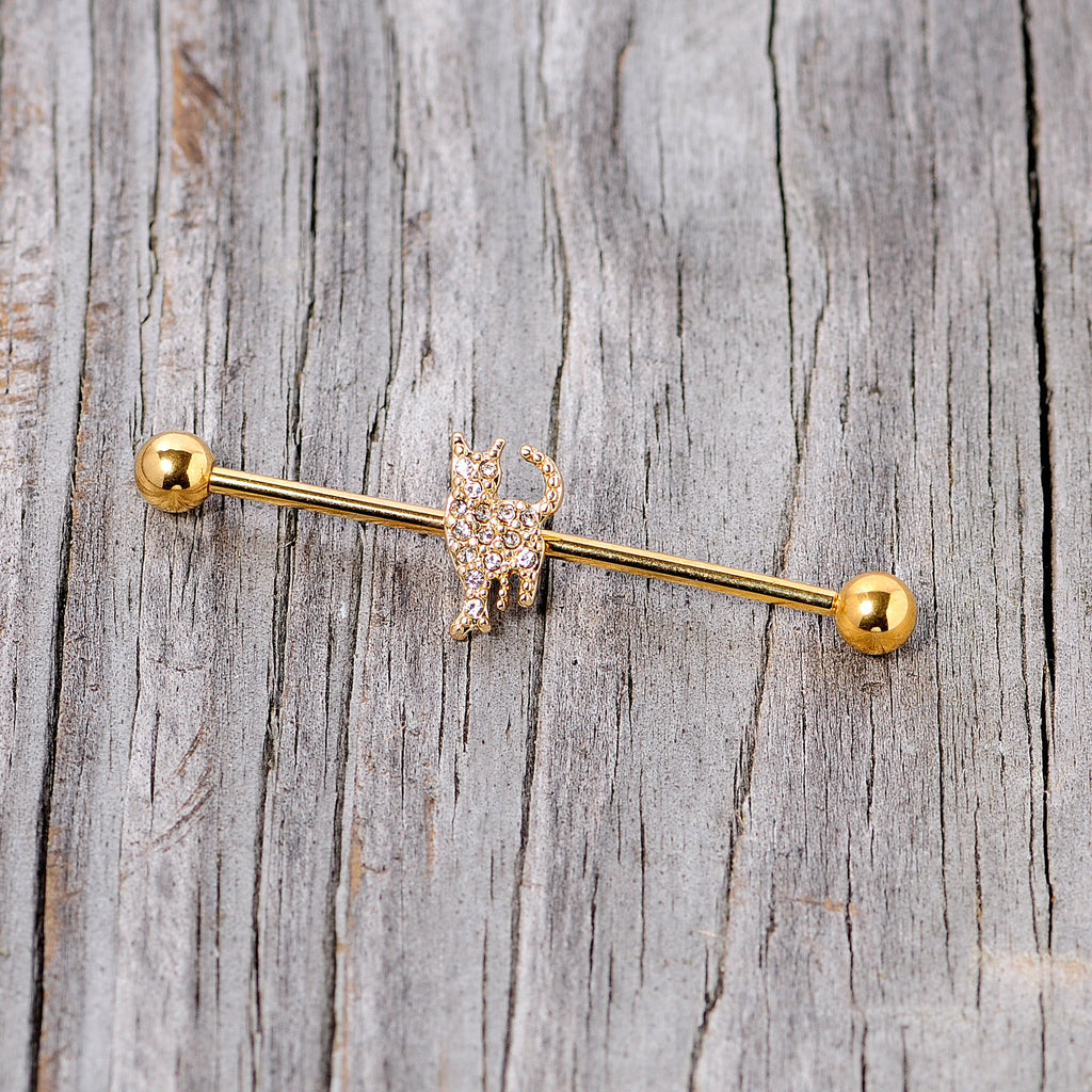 BodyCandy 14G Clear Gem Gold Tone Glamourpuss Cat Industrial Barbell 38mm — lifestyle context