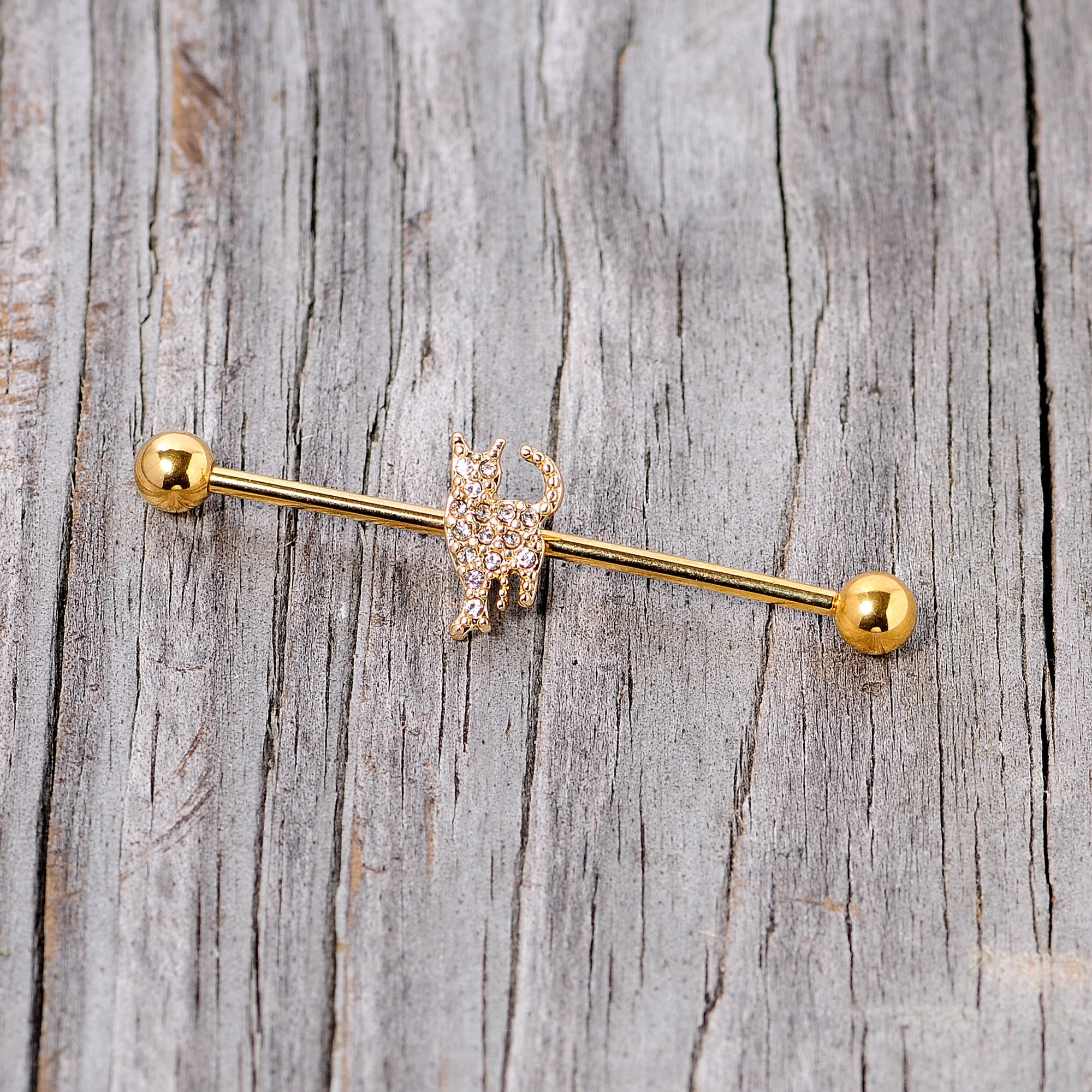 BodyCandy 14G Clear Gem Gold Tone Glamourpuss Cat Industrial Barbell 38mm — lifestyle context