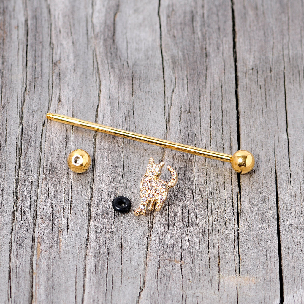 BodyCandy 14G Clear Gem Gold Tone Glamourpuss Cat Industrial Barbell 38mm — side view