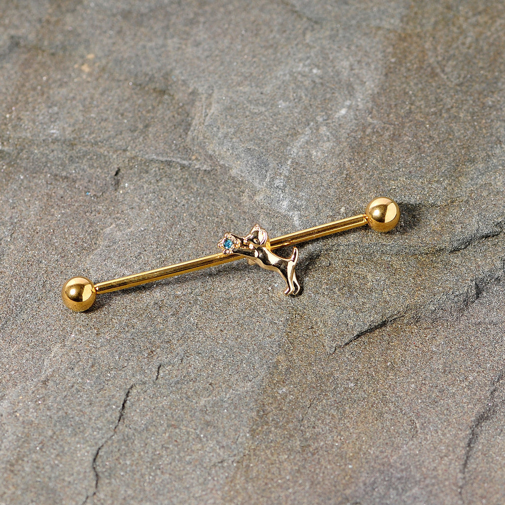 BodyCandy 14G Blue Gem Gold Tone Leaping Cat Industrial Barbell 38mm — detail close-up