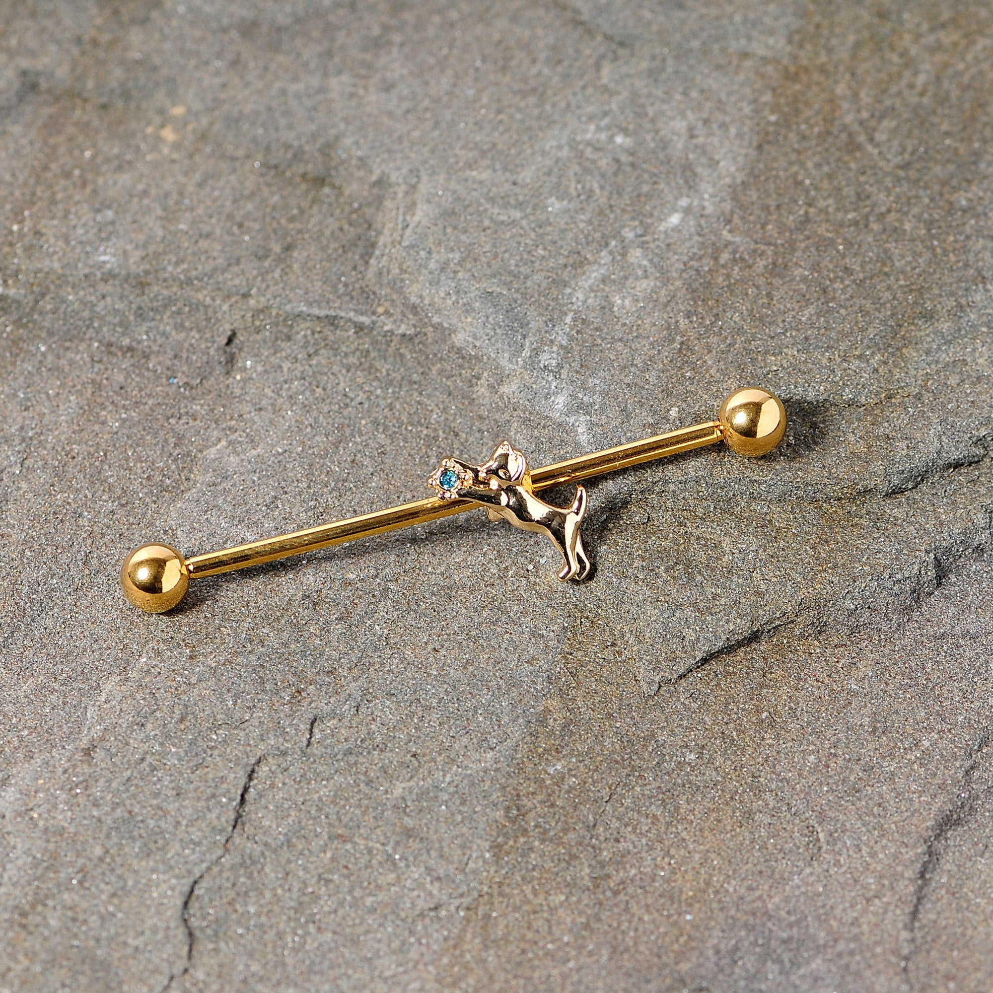 BodyCandy 14G Blue Gem Gold Tone Leaping Cat Industrial Barbell 38mm — detail close-up