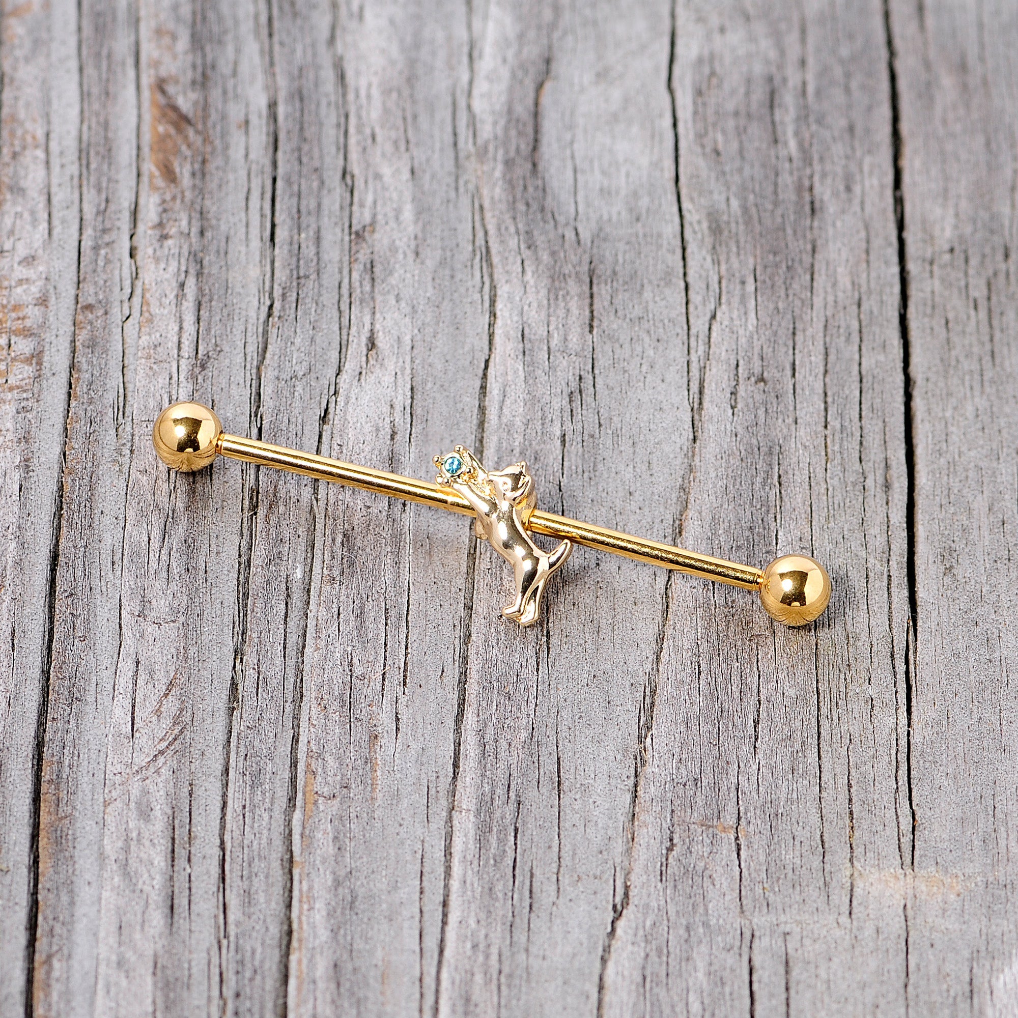 BodyCandy 14G Blue Gem Gold Tone Leaping Cat Industrial Barbell 38mm — lifestyle context