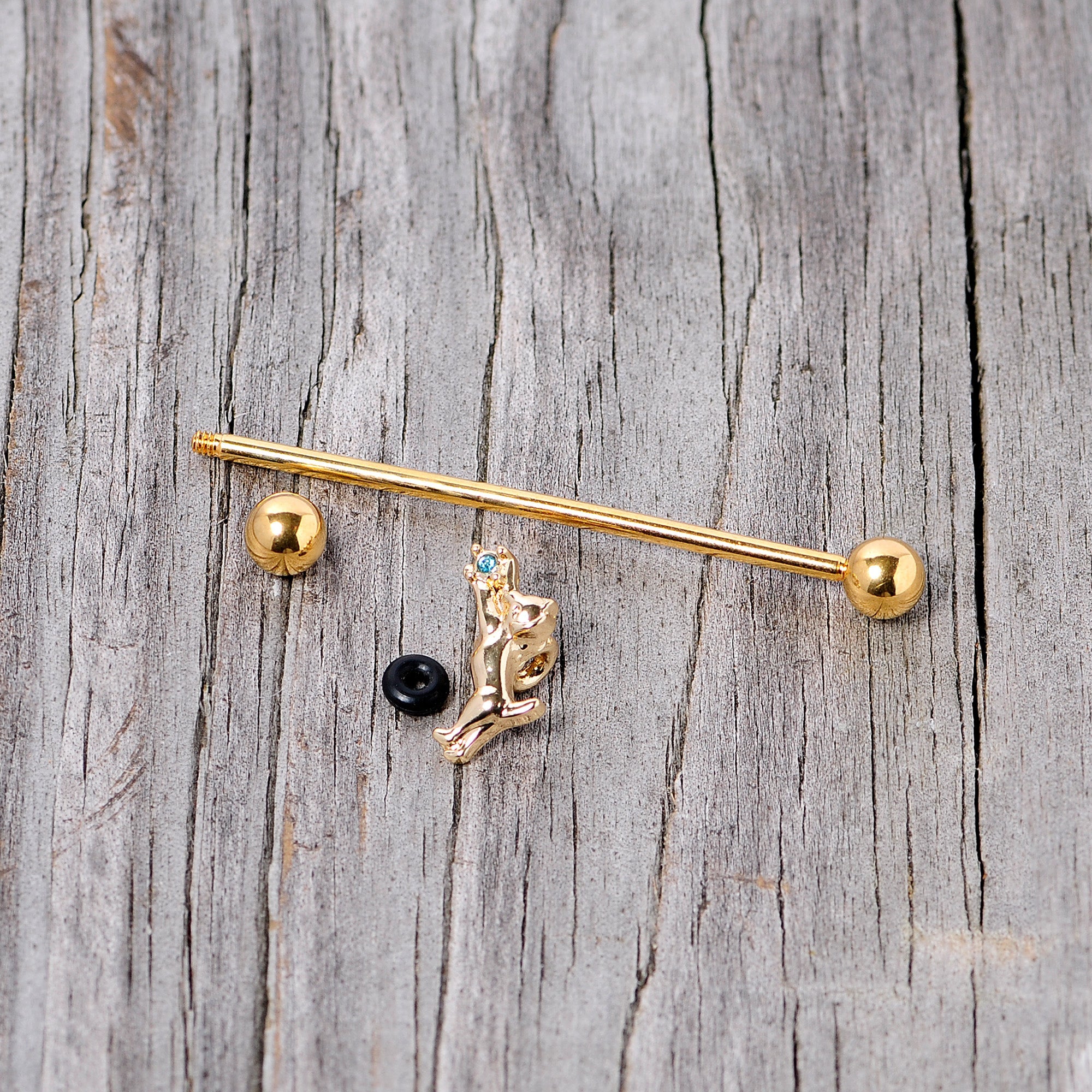 BodyCandy 14G Blue Gem Gold Tone Leaping Cat Industrial Barbell 38mm — side view