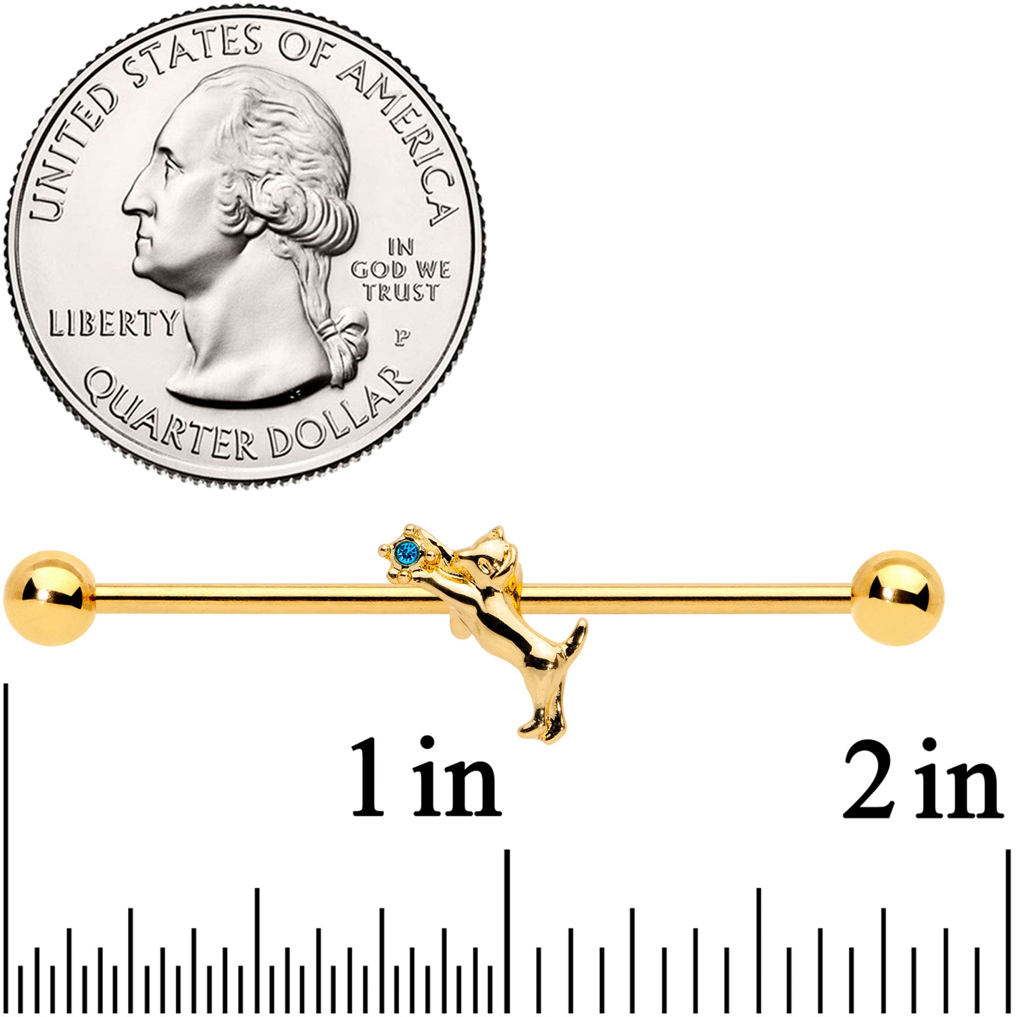 BodyCandy 14G Blue Gem Gold Tone Leaping Cat Industrial Barbell 38mm — back view