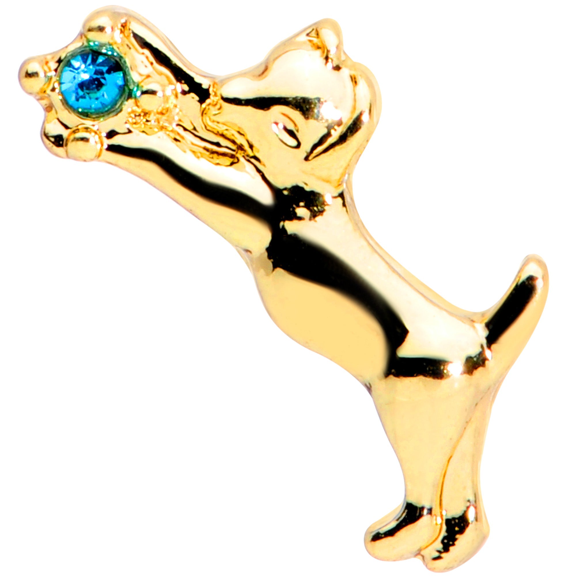 BodyCandy 16G 1/4 Blue Gem Gold Tone Leaping Cat Cartilage Tragus Earring — detail close-up
