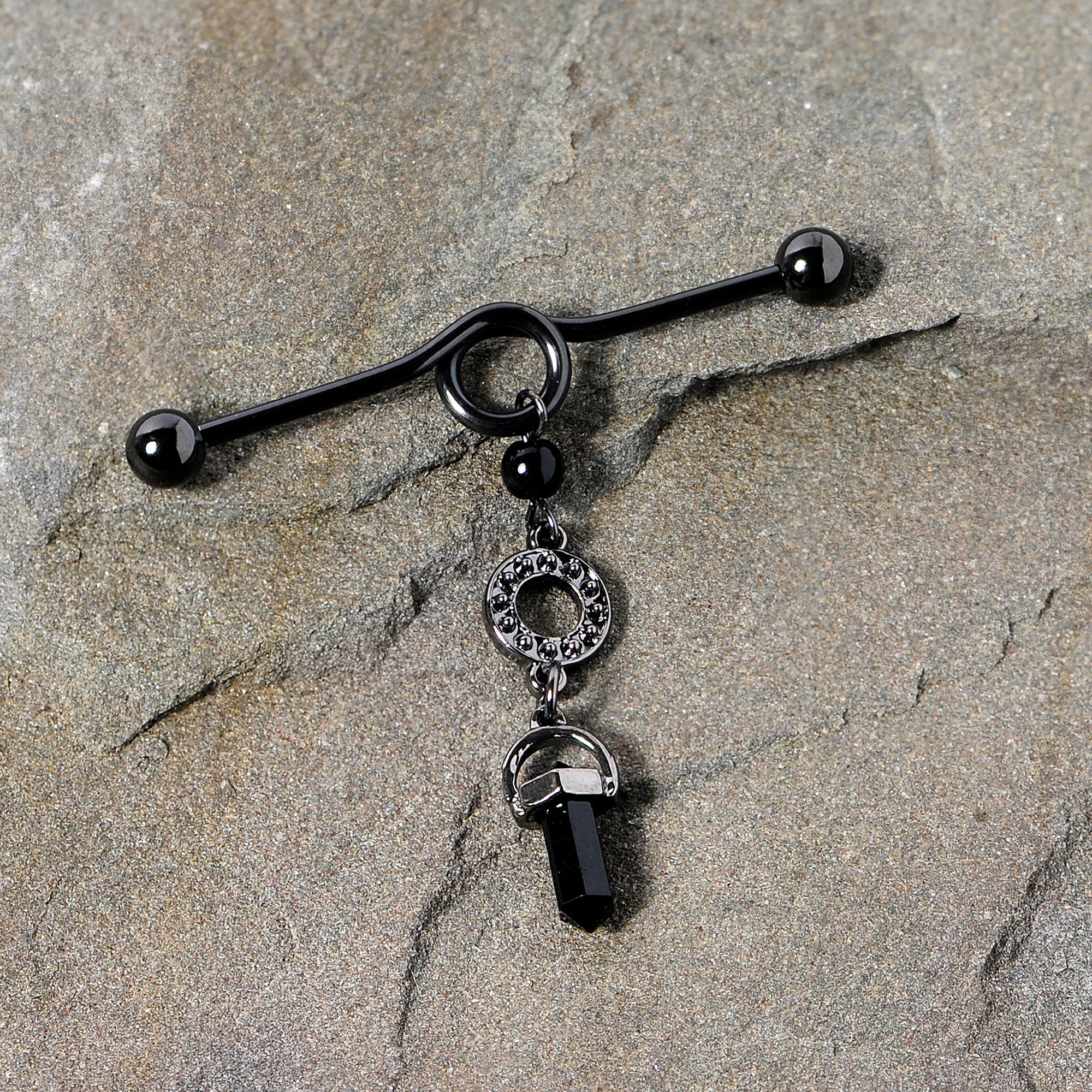 BodyCandy 14G Black Gem Halloween Dangle Industrial Barbell 38mm — lifestyle context