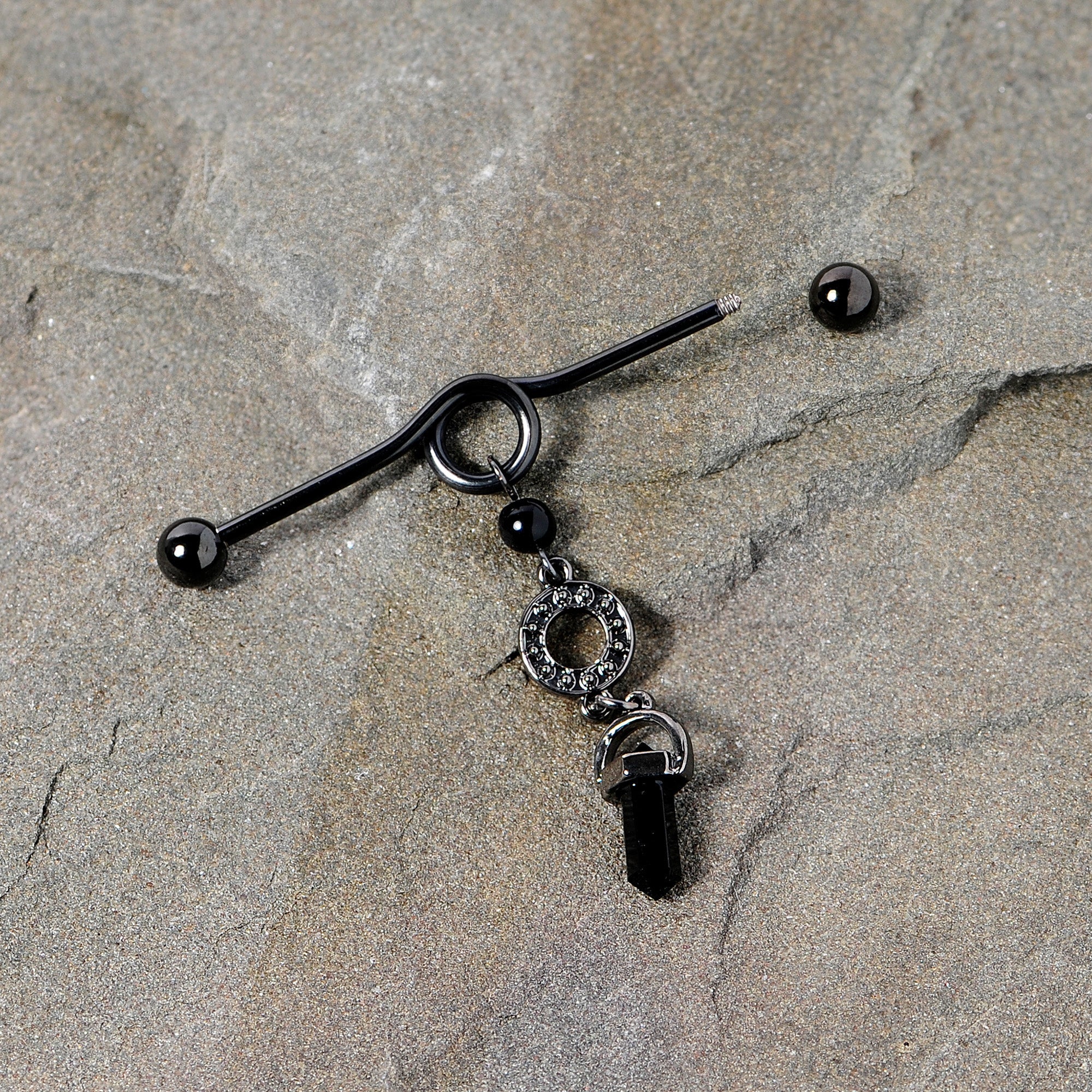 BodyCandy 14G Black Gem Halloween Dangle Industrial Barbell 38mm — side view