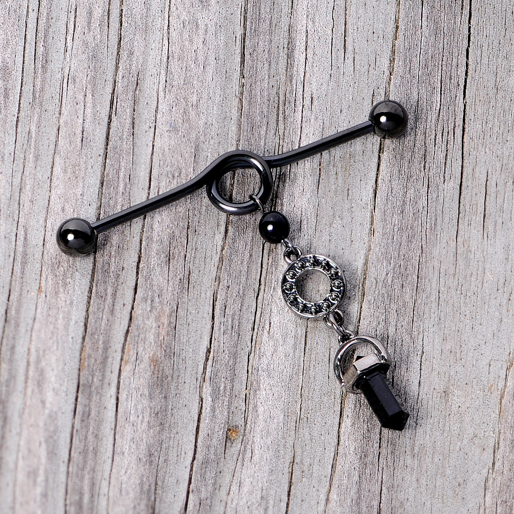 BodyCandy 14G Black Gem Halloween Dangle Industrial Barbell 38mm — back view