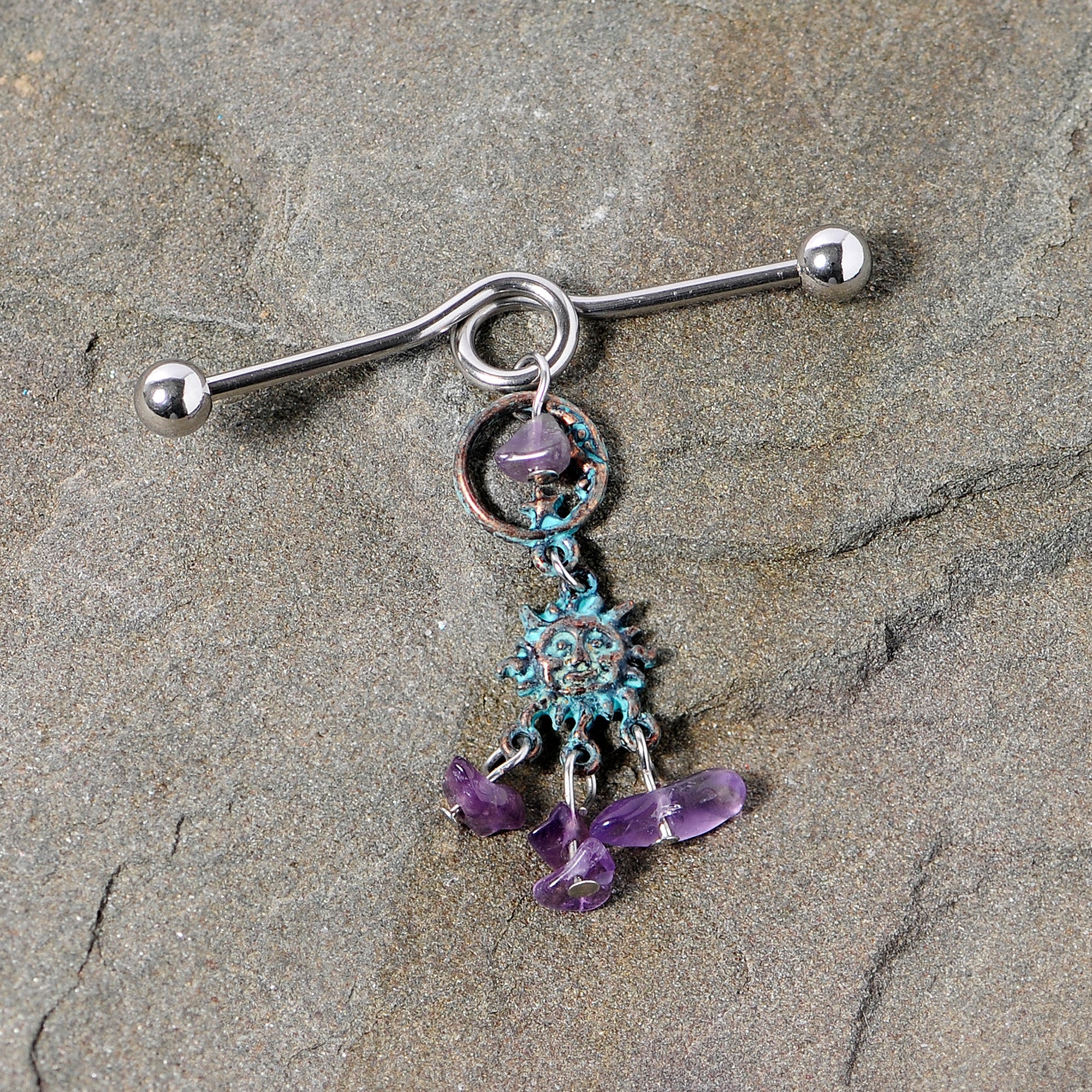 BodyCandy 14G Purple Gem Solstice Sun Moon Dangle Halloween Industrial Barbell 38mm — lifestyle context