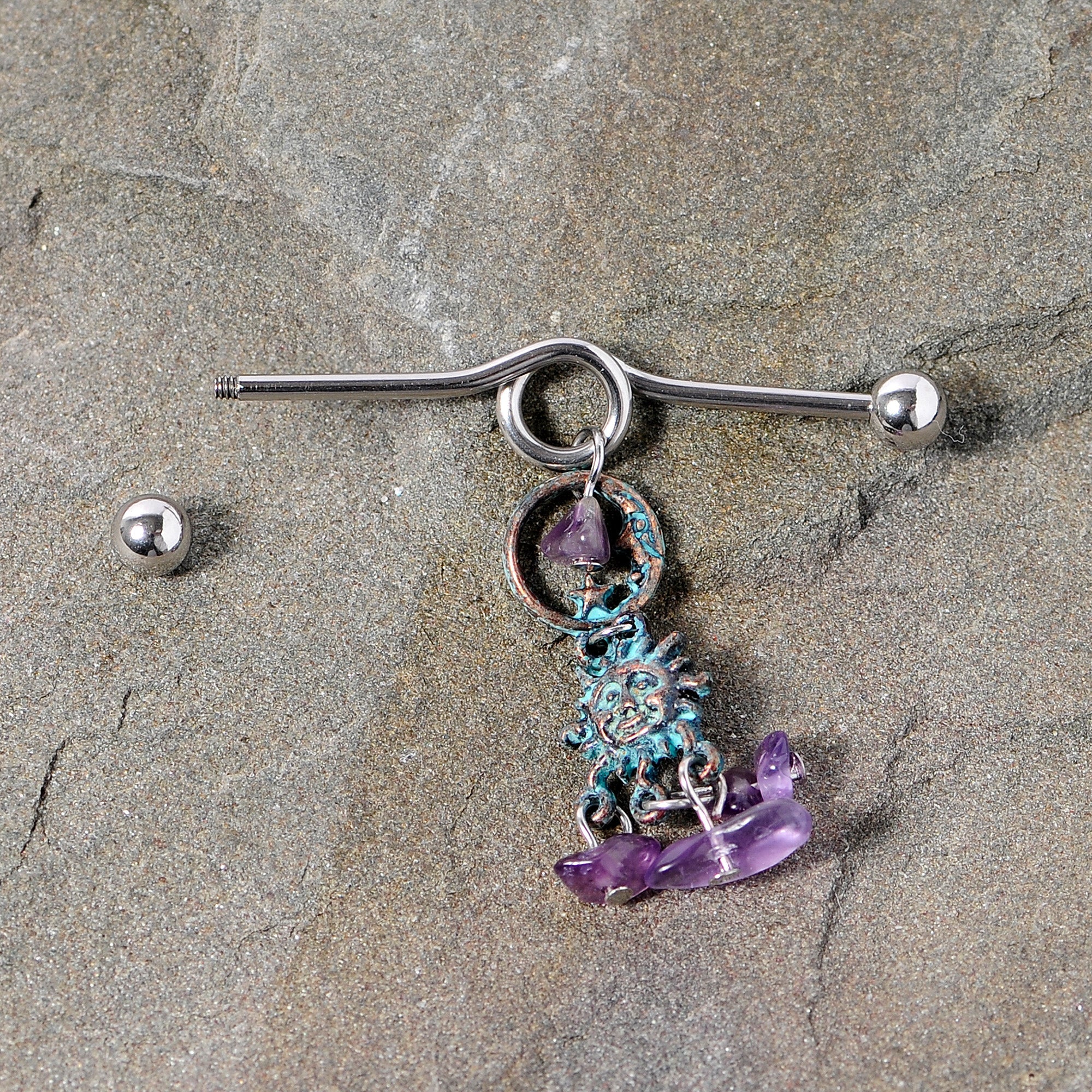 BodyCandy 14G Purple Gem Solstice Sun Moon Dangle Halloween Industrial Barbell 38mm — side view