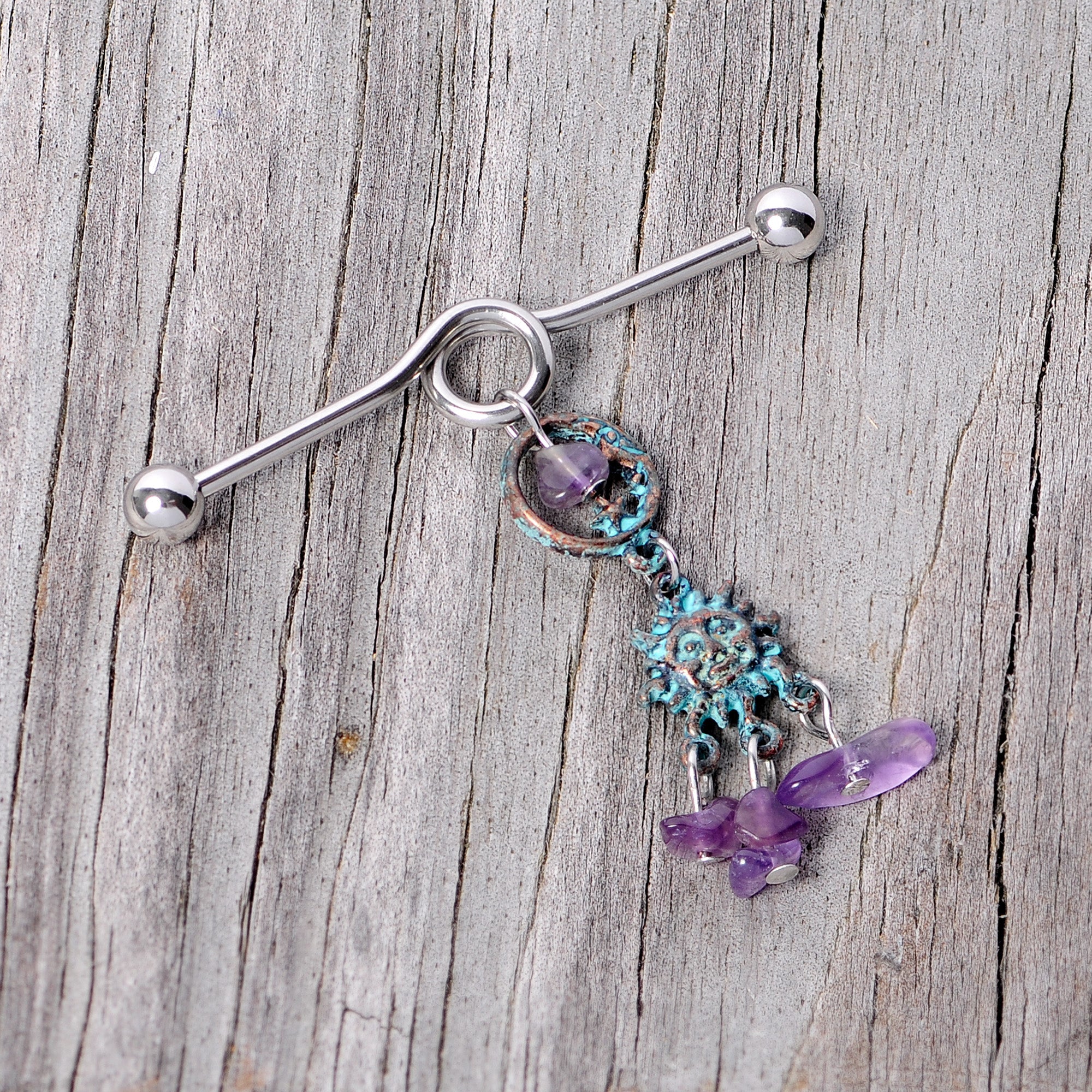 BodyCandy 14G Purple Gem Solstice Sun Moon Dangle Halloween Industrial Barbell 38mm — back view