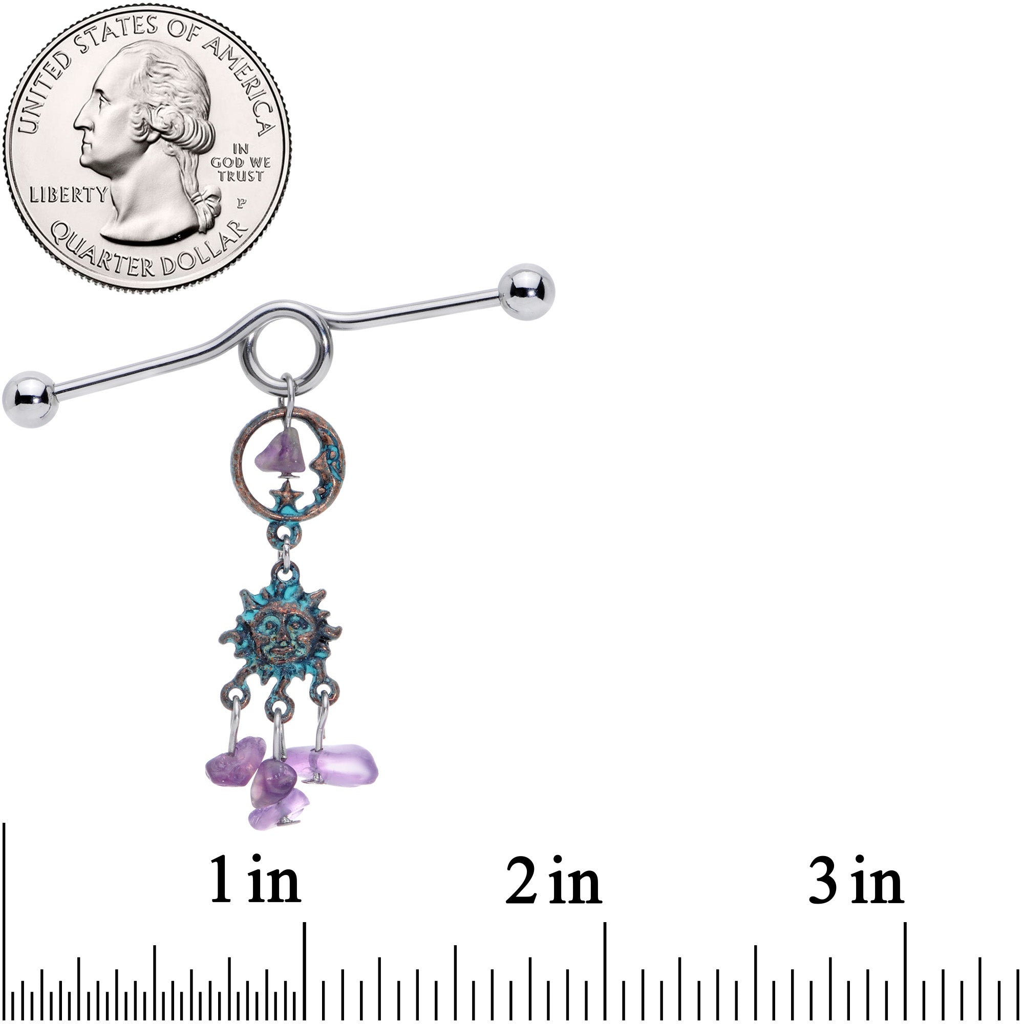 BodyCandy 14G Purple Gem Solstice Sun Moon Dangle Halloween Industrial Barbell 38mm — in-use photo