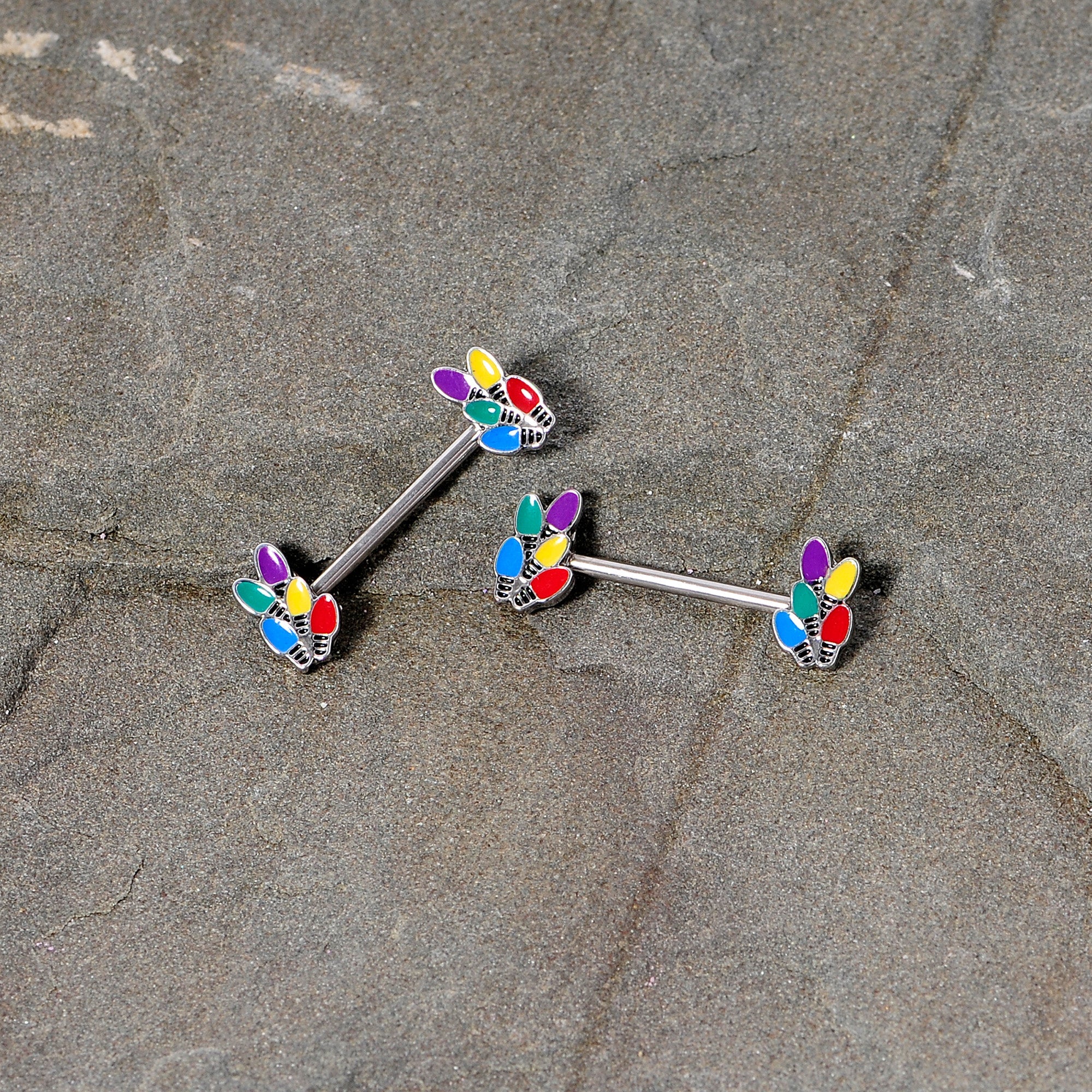 BodyCandy 14G 5/8 Christmas Lights Holiday Barbell Nipple Ring Set — side view