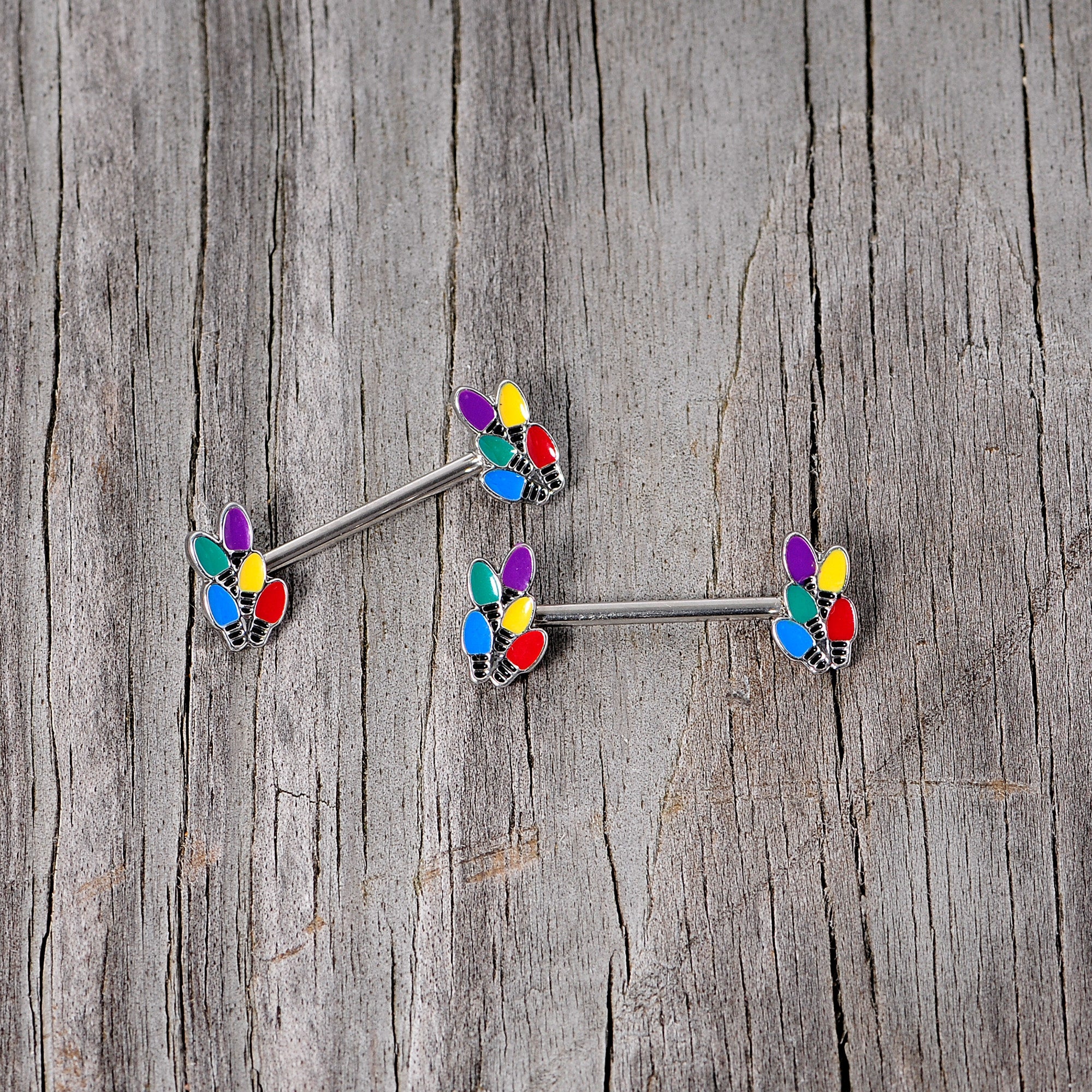 BodyCandy 14G 5/8 Christmas Lights Holiday Barbell Nipple Ring Set — back view