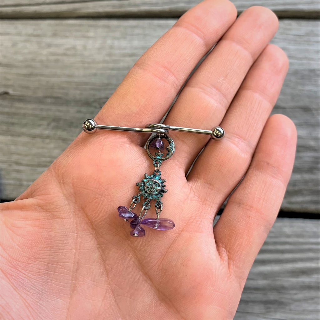 BodyCandy 14G Purple Gem Solstice Sun Moon Dangle Halloween Industrial Barbell 38mm — detail close-up
